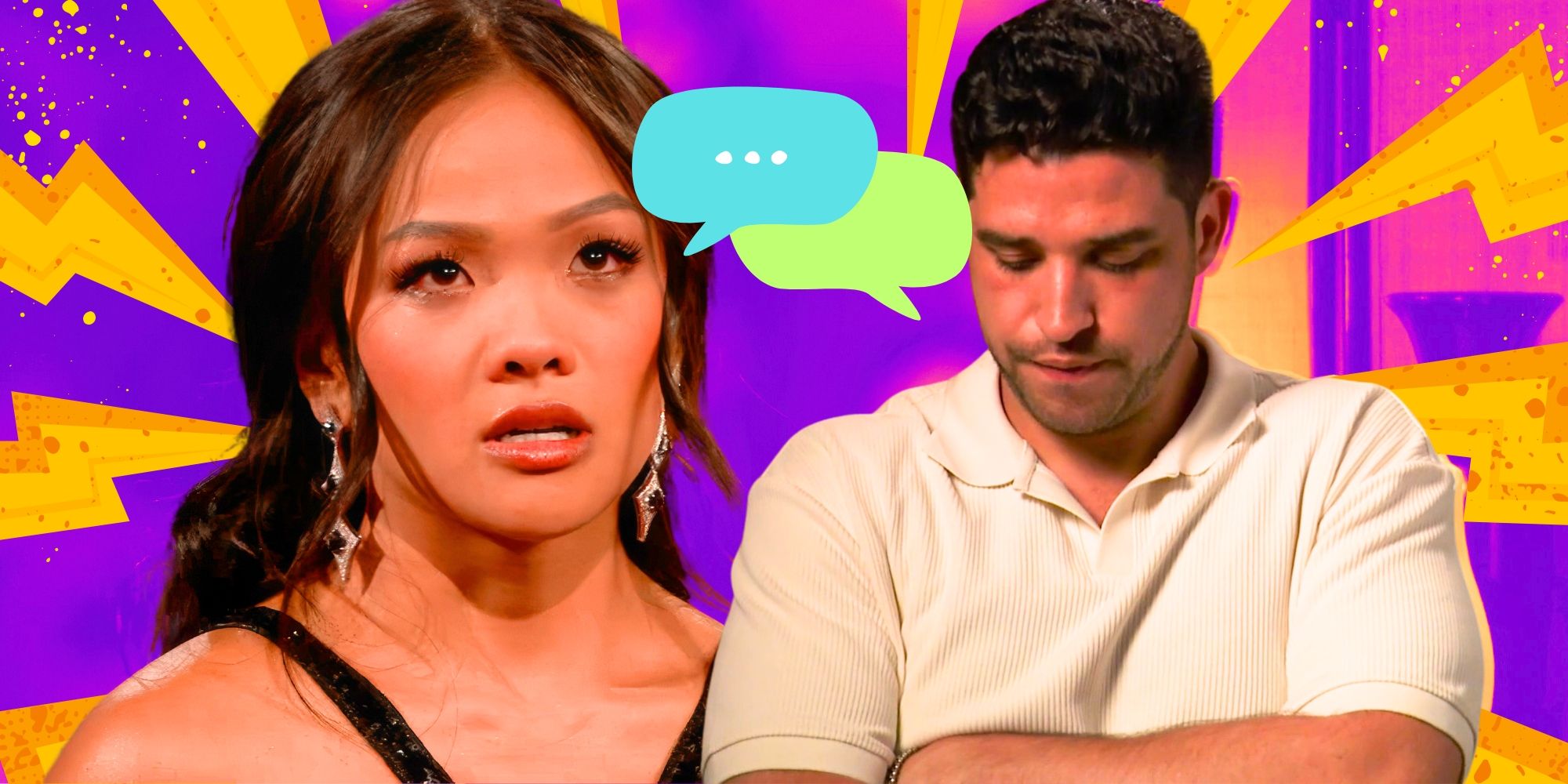 The Bachelorette’s Jenn Tran and Devin Strader appear upset with chat bubbles.