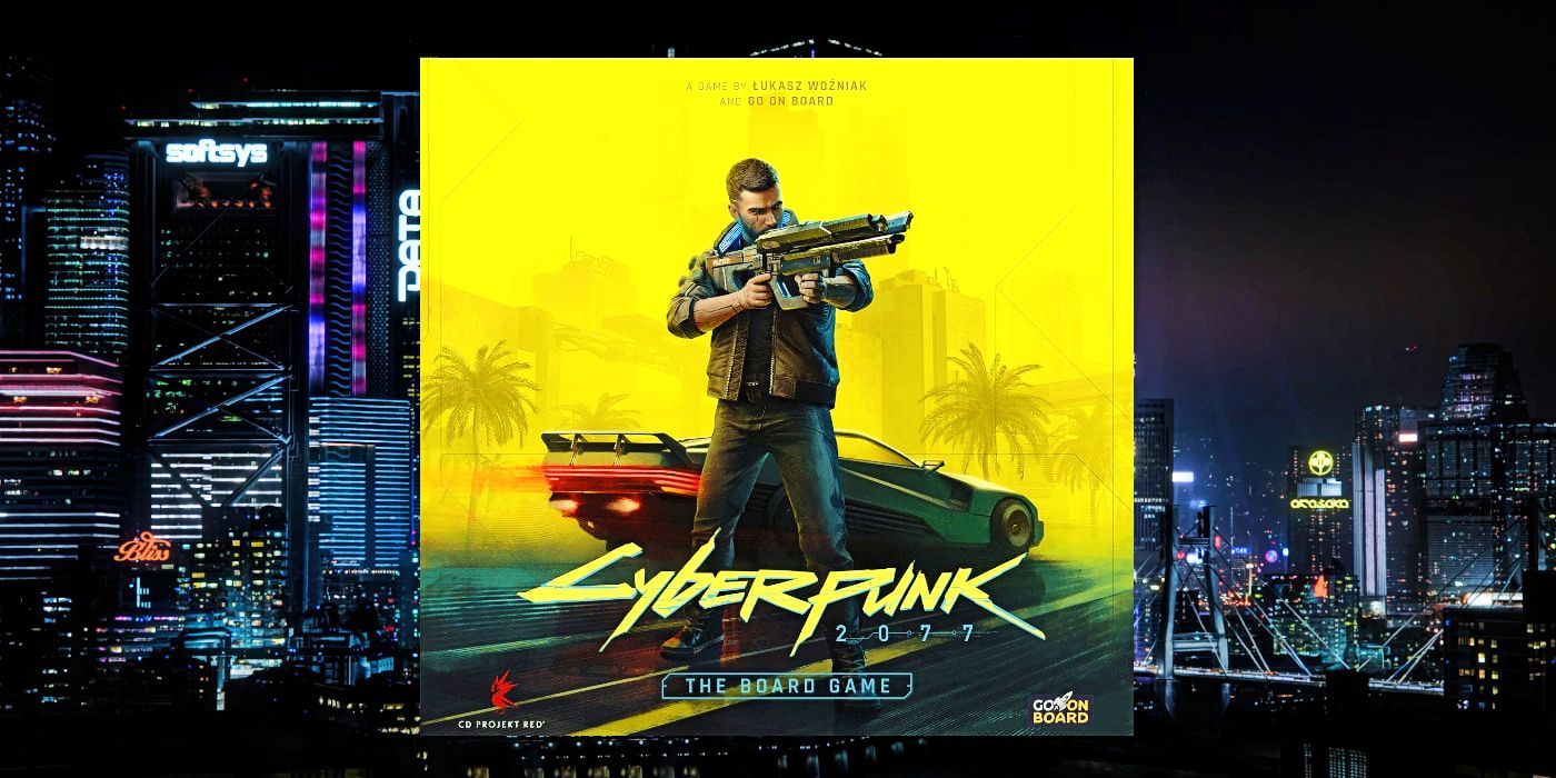 The Cyberpunk Board Game cover, which features V pointing a gun in front of a car over a yellow background, superimposed on a smoggy vista of Night City.