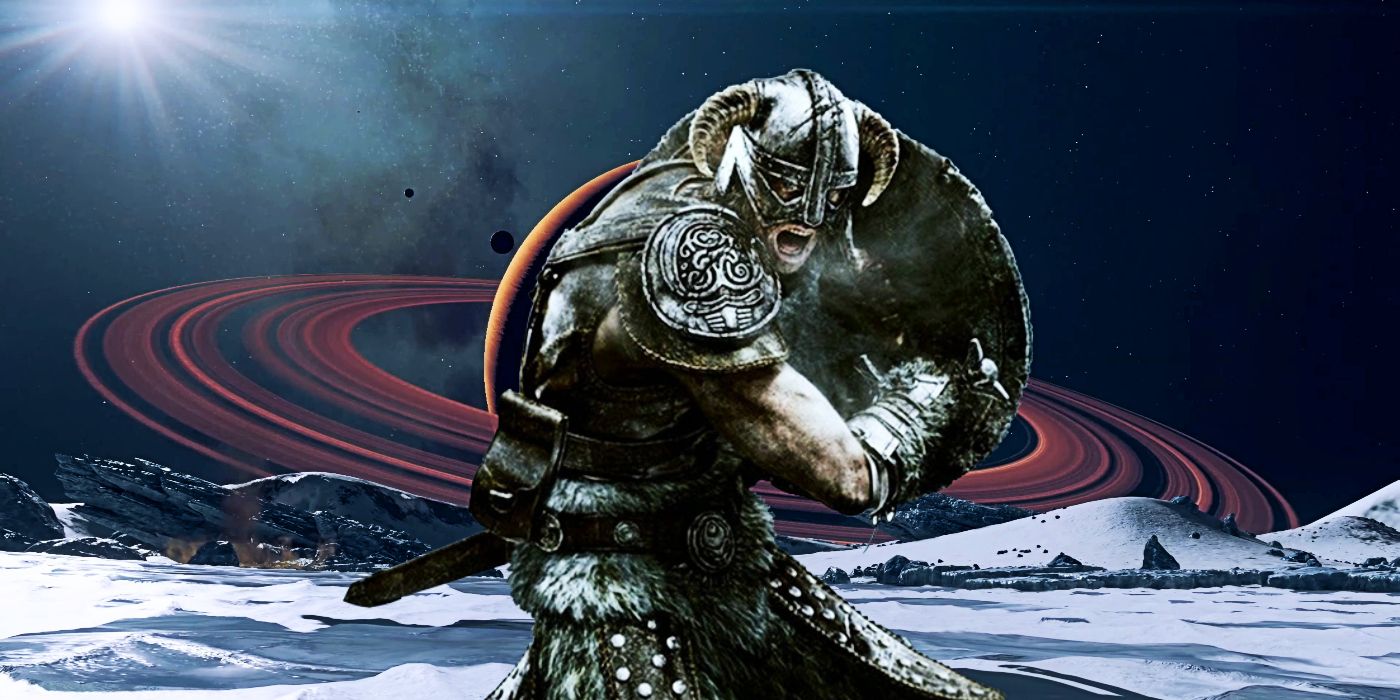 Un dragón con su casco con cuernos de Skyrim frente a un planeta anillado de Starfield.