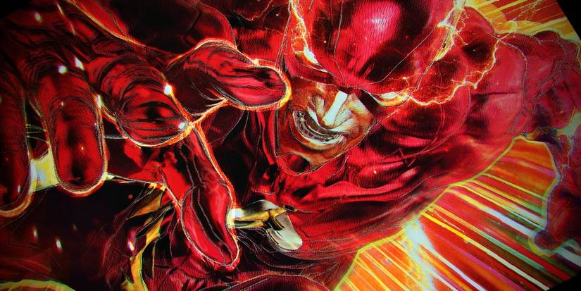 Comic book art: The Flash surging with power, looking ominous as he runs through the Speed Force.