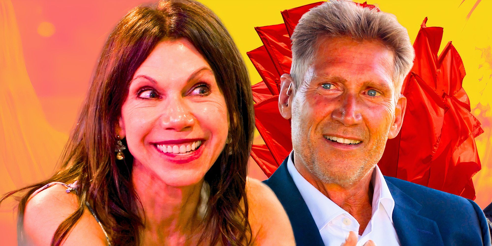 The Golden Bachelor - Theresa Nist and Gerry Turner smiling with Red Flags in the background