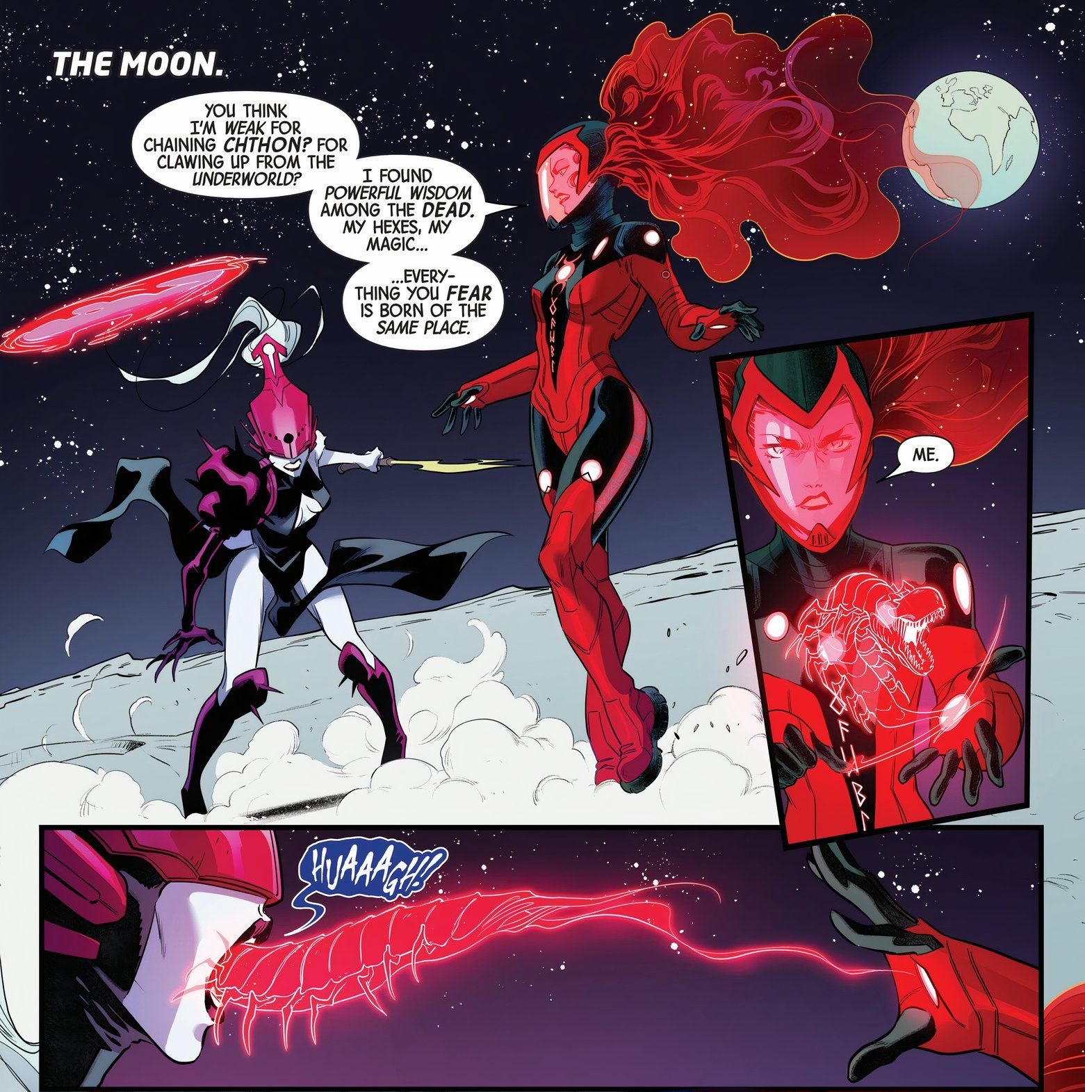 Scarlet Witch is pictured with a red full-face helmet fighting The Griever above clouds. 