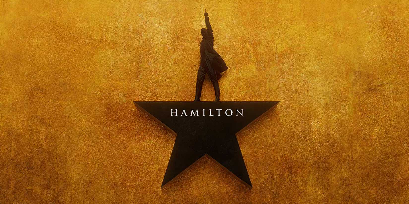 The Hamilton logo features a man over a star with the show title inside it over a gold background