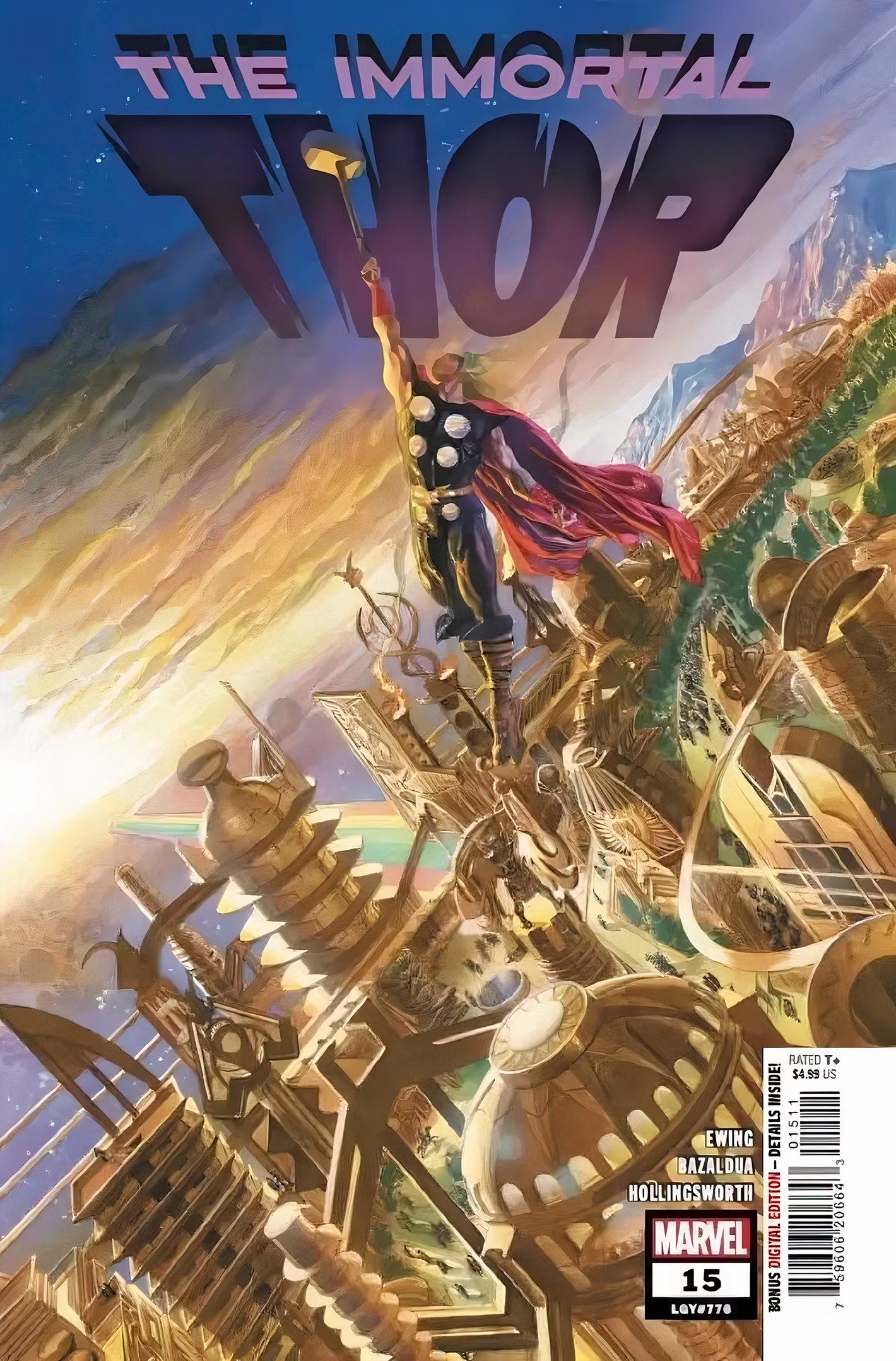 Capa da revista Immortal Thor #15, Thor voando alto acima do horizonte dourado da cidade de Asgard.