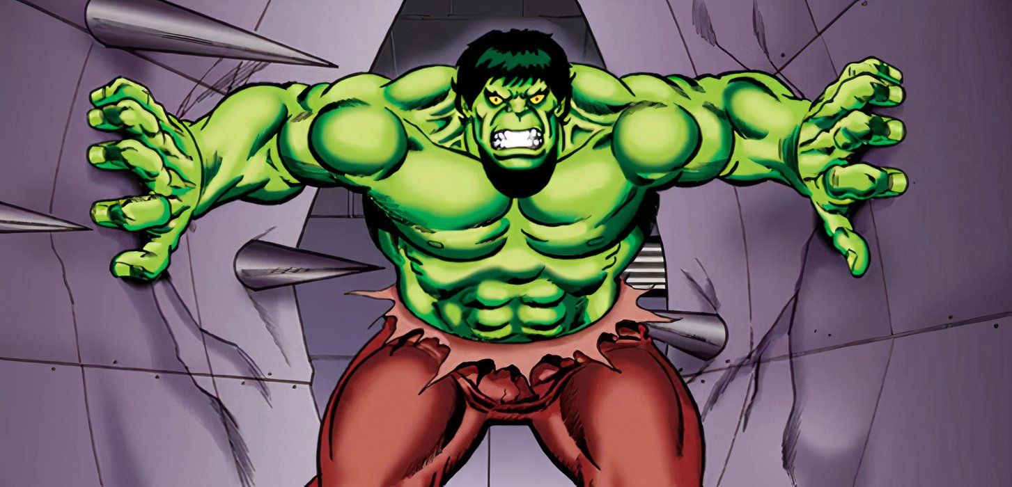 The Incredible Hulk holding two purple walls with spikes apart as they close in on him.