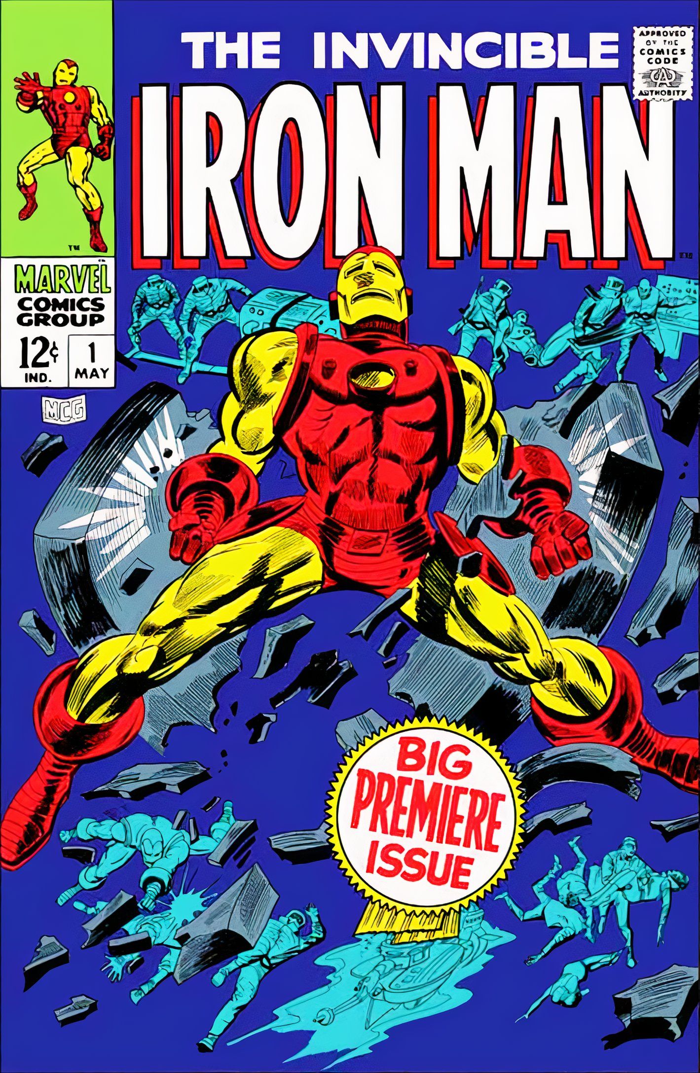 Capa do Invincible Iron Man #1 de 1968, o Homem de Ferro irrompe na página através de uma nuvem de destroços