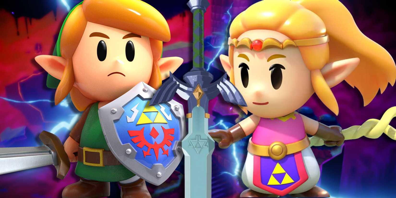 Link holding a sword and shield from Link's Awakening on the left and Zelda from Echoes of Wisdom on the right with the Master Sword in the middle.