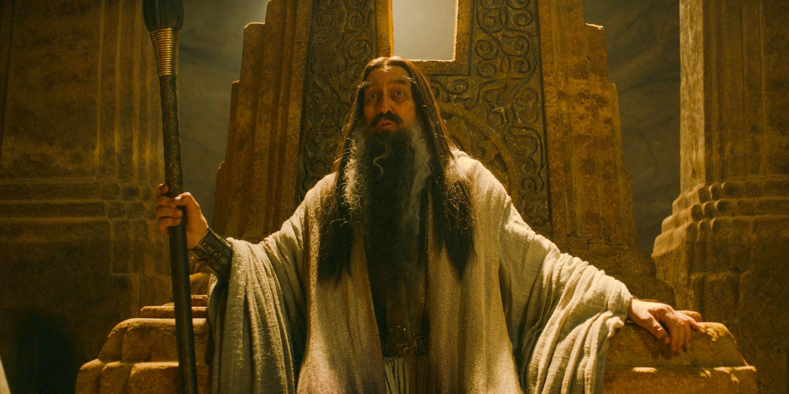 The Dark Wizard (Ciarán Hinds) upset because the Gauldrim has not captured the Istari in The Lord of the Rings: The Rings of Power Season 2 Episode 4