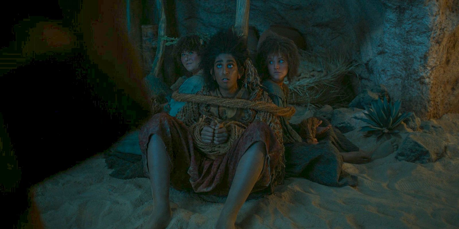 Poppy, Merimac and Nori tied up in The Lord of the Rings: The Rings of Power Season 2 Episode 4