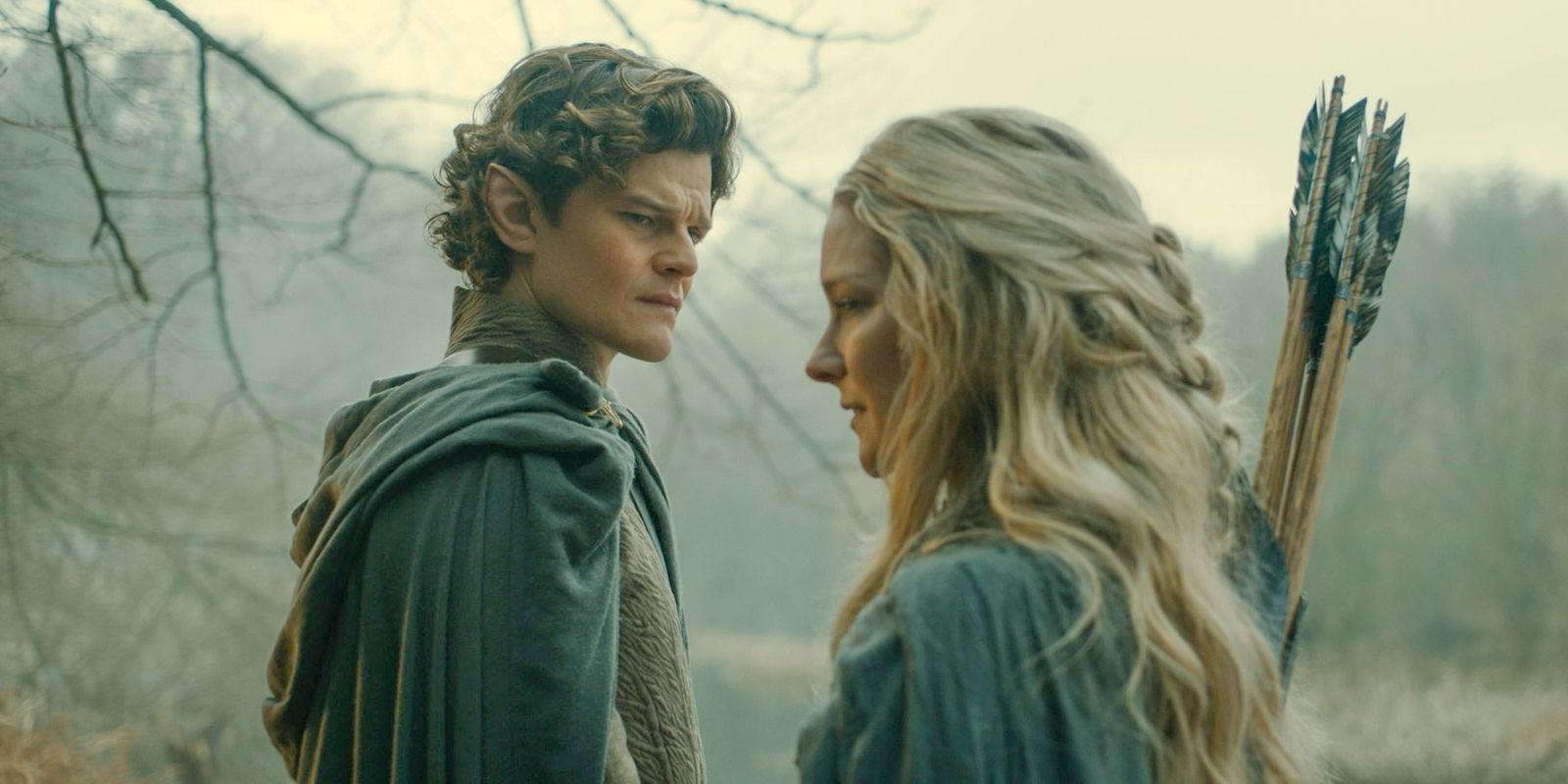 Galadriel (Morfydd Clark) tells Elrond (Robert Aramayo) about the visions caused by the power of the ring in The Lord of the Rings: The Rings of Power Season 2 Episode 4