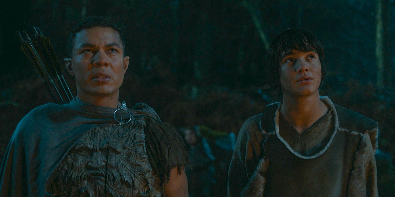 Arondir (Ismael Cruz Córdova) and Theo (Tyroe Muhafidin) reunite and say goodbye to the giant trees in The Lord of the Rings: The Rings of Power Season 2 Episode 4