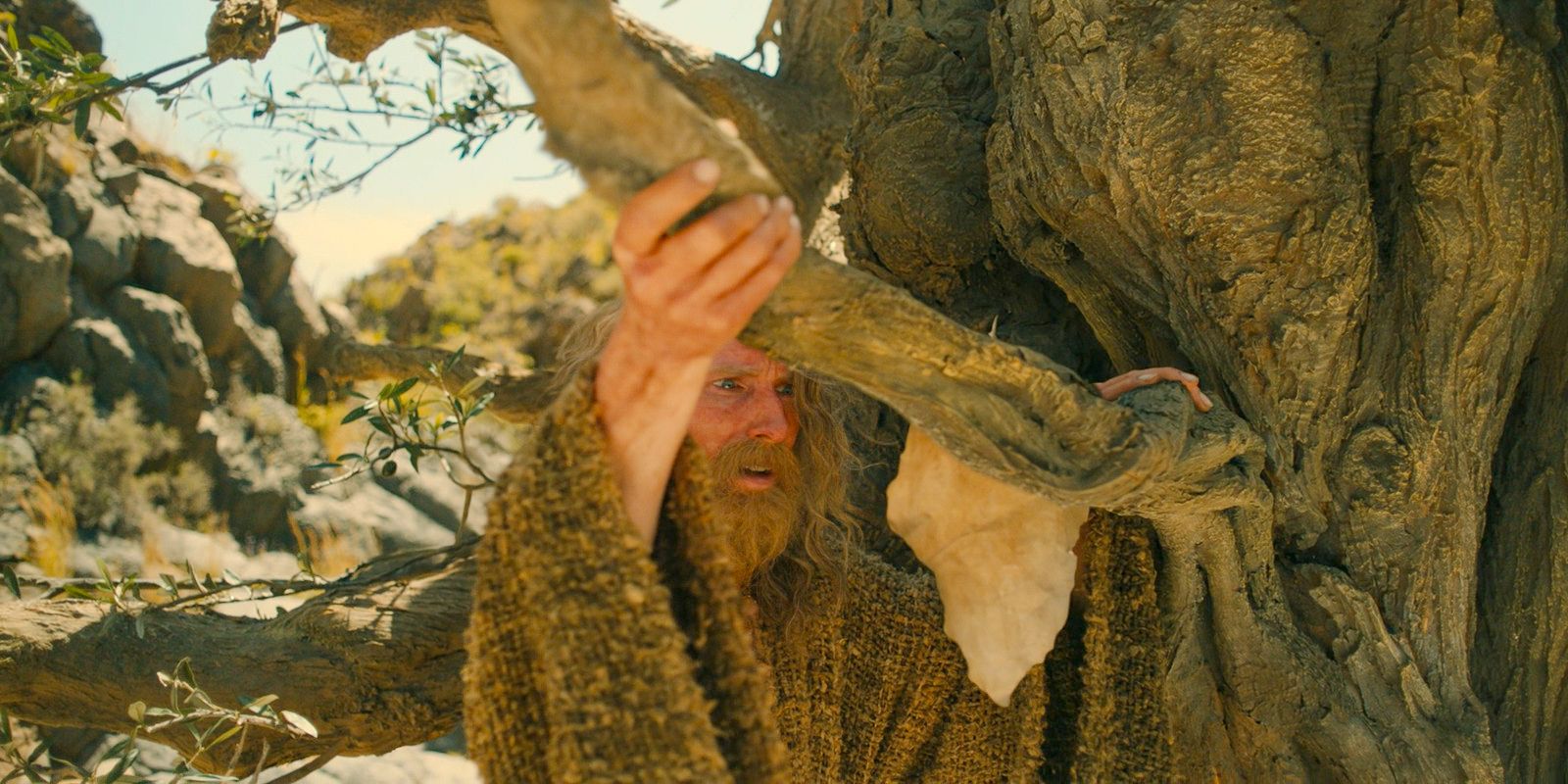 The Stranger (Daniel Weyman) tries to pull a branch from Old Man Ironwood in The Lord of the Rings: The Rings of Power Season 2 Episode 4