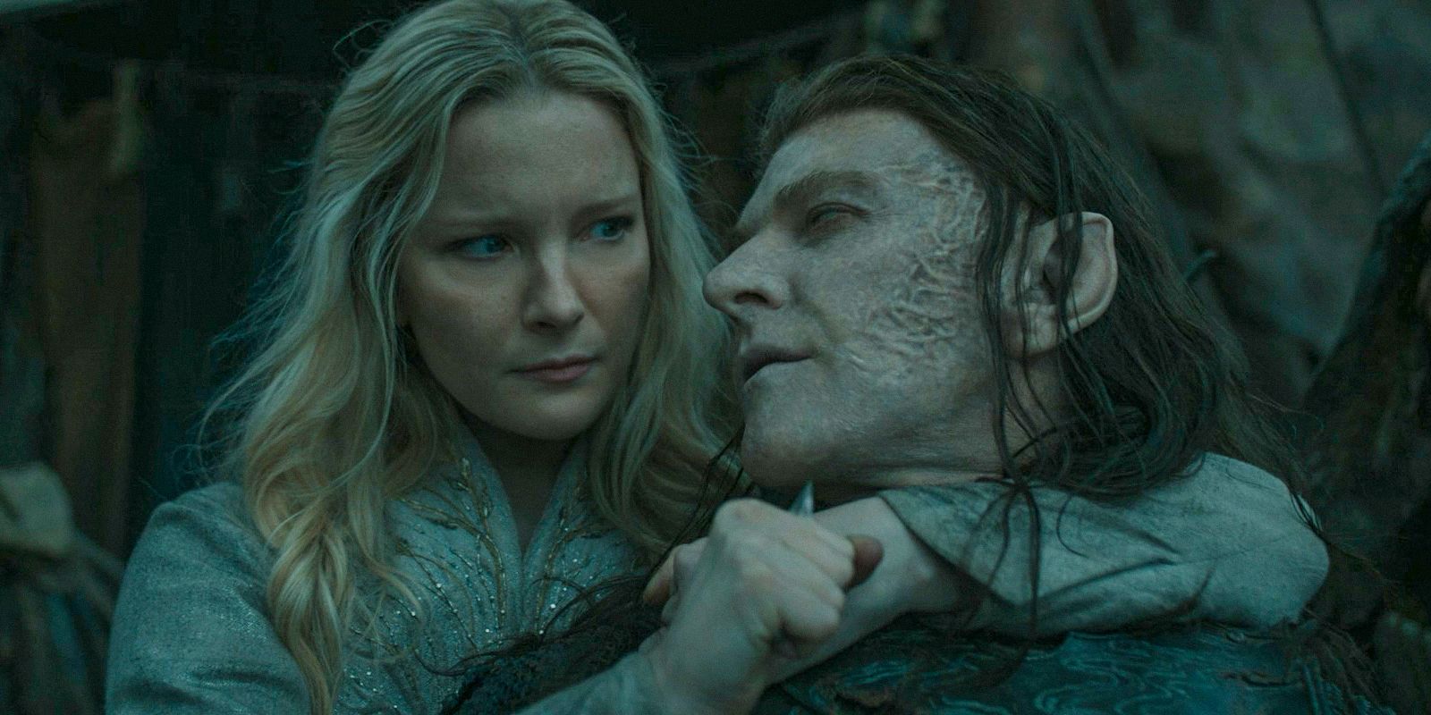 Galadriel holding a knife to Adar's throat in The Lord of the Rings: The Rings of Power Season 2 Episode 5