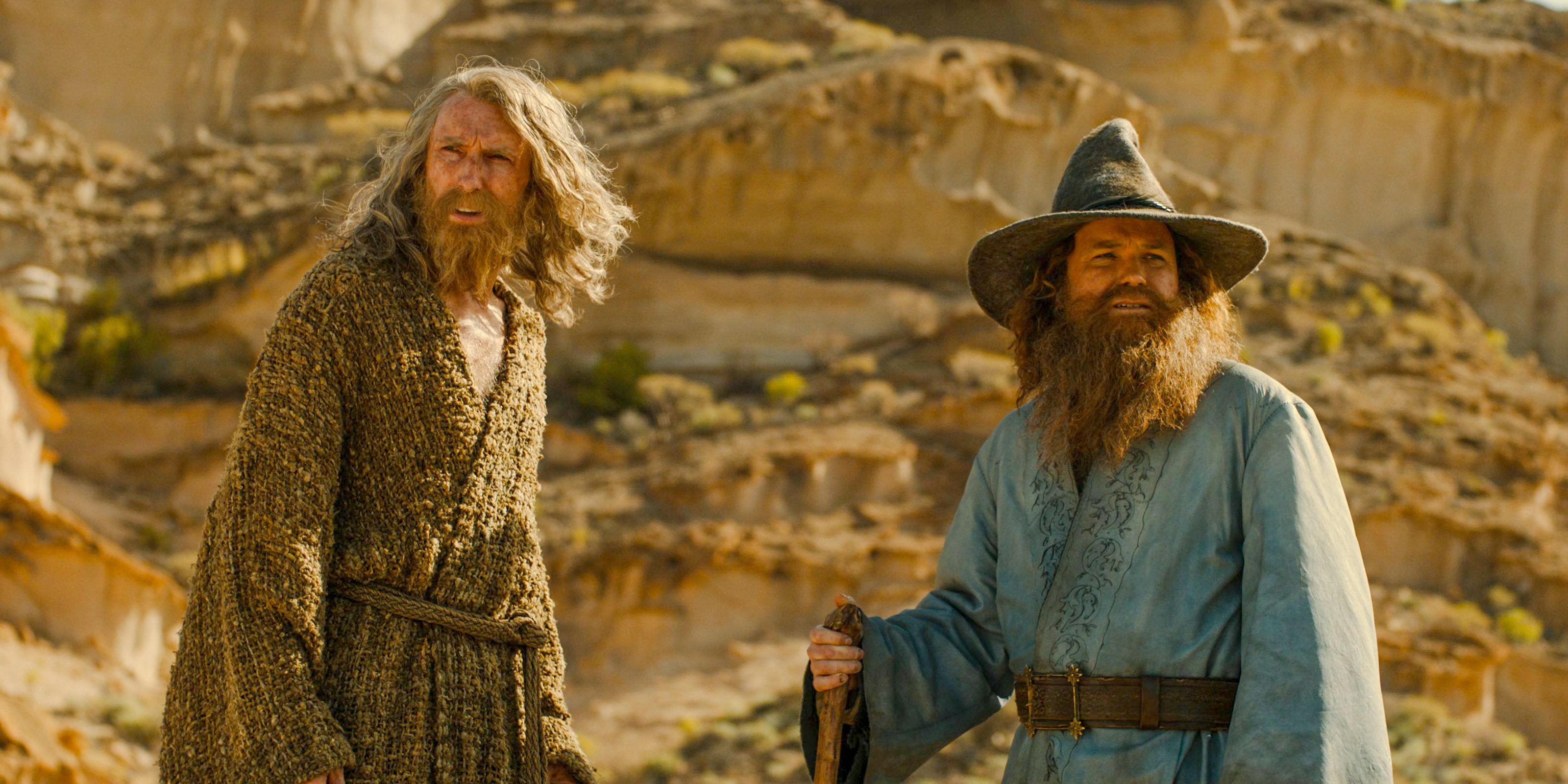 Tom Bombadil (Rory Kinnear) helping The Stranger (Daniel Weyman) to obtain his staff in The Lord of the Rings: The Rings of Power Season 2 Episode 6