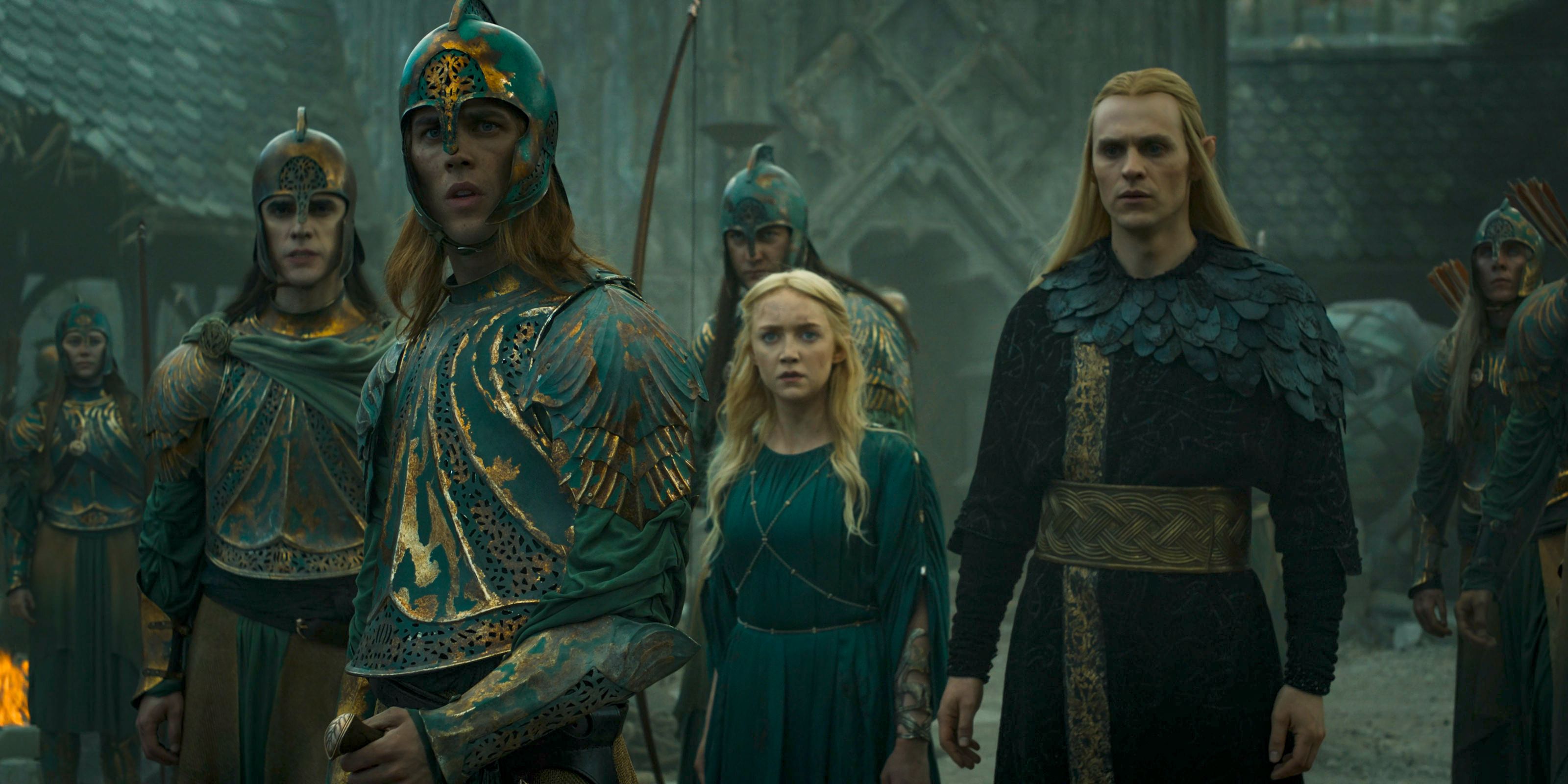 Mirdania (Amelia Kenworthy), Sauron (Charlie Vickers), and some guards watching in shock as Eregion is attacked in The Lord of the Rings: The Rings of Power Season 2 Episode 7