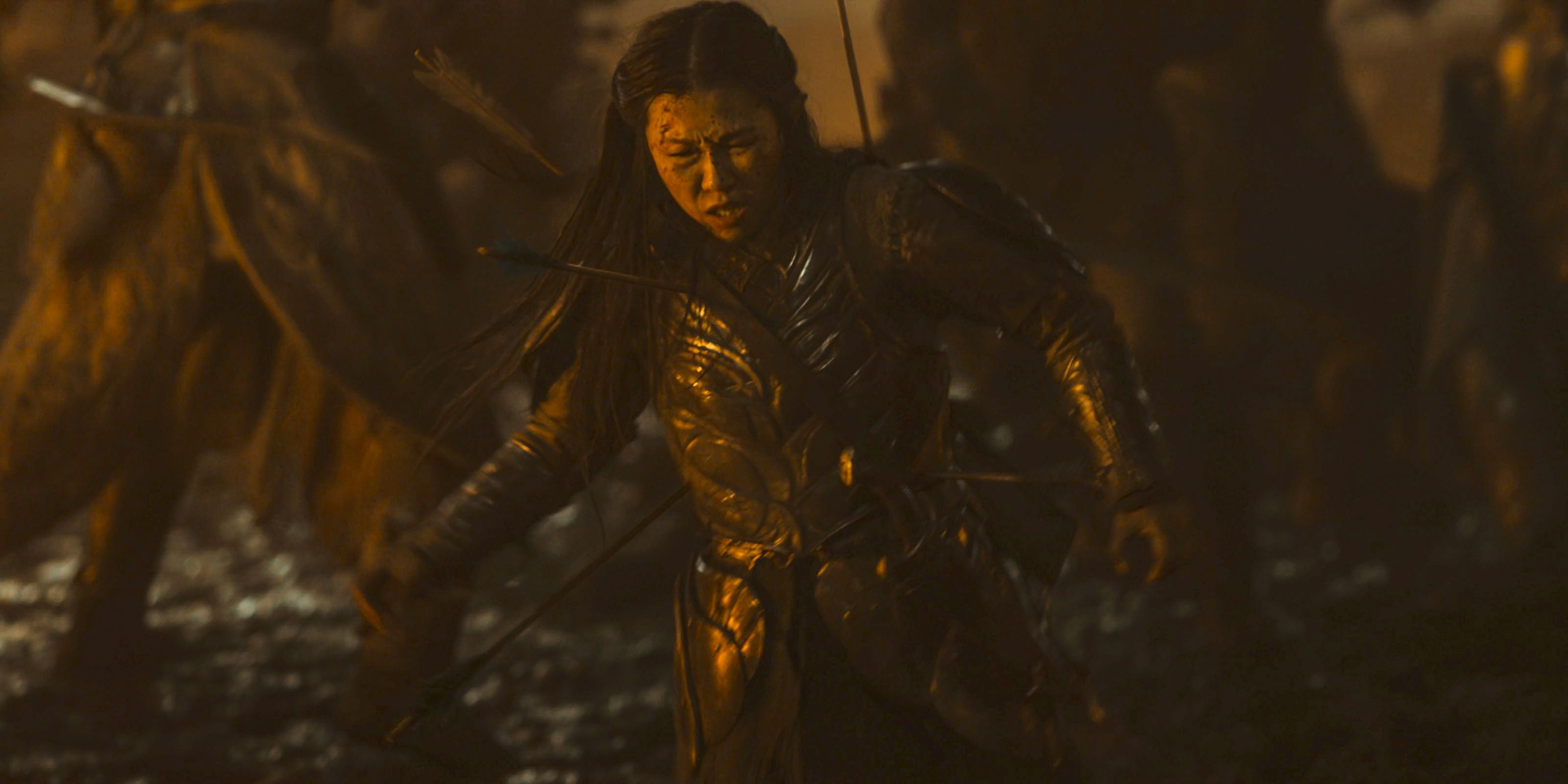 Rían (Selina Lo) with arrows all over her body in The Lord of the Rings: The Rings of Power Season 2 Episode 7