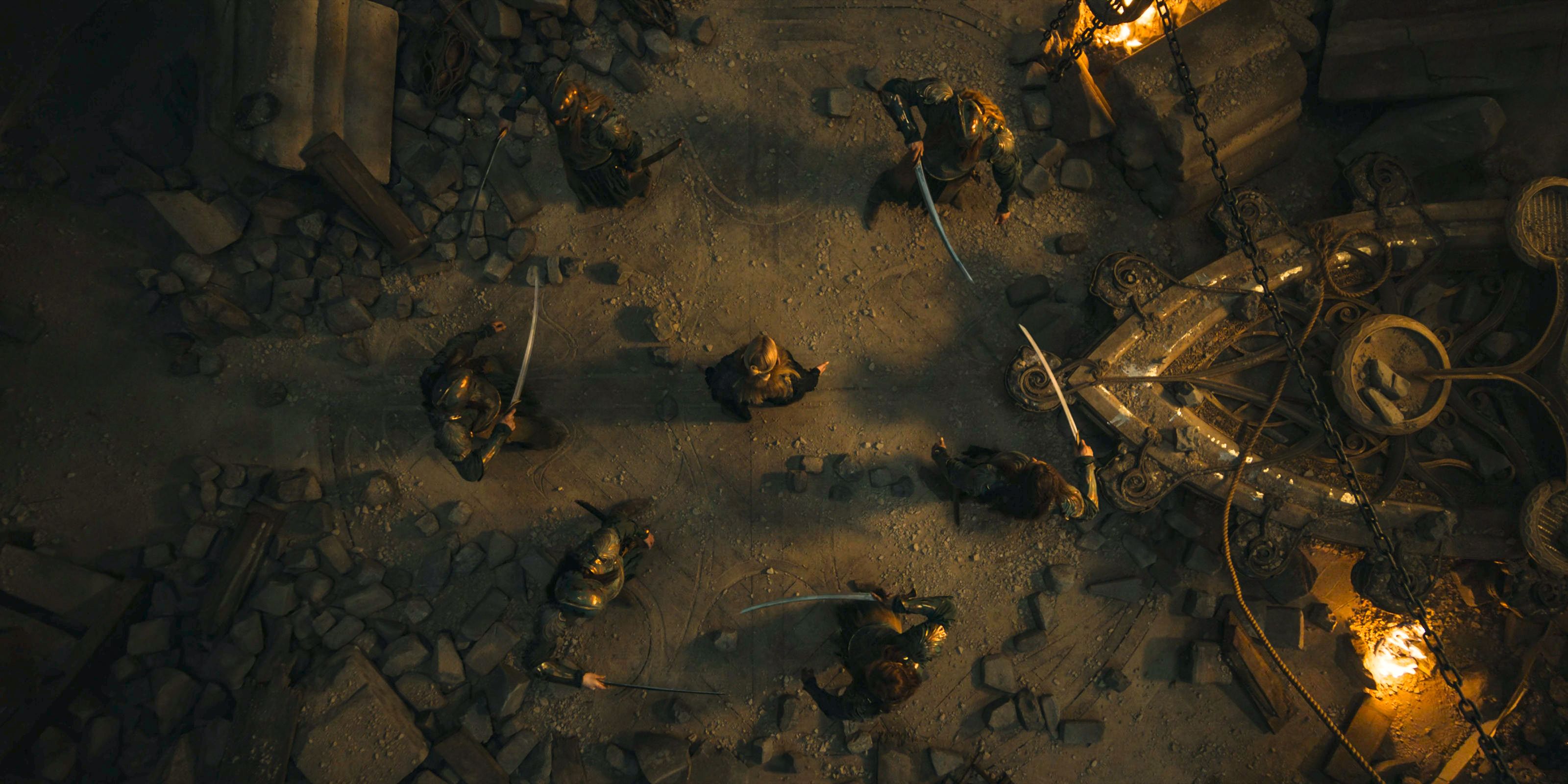 An aerial view of Sauron taking control of the minds of the Eregion guard in The Lord of the Rings: The Rings of Power Season 2 Episode 7