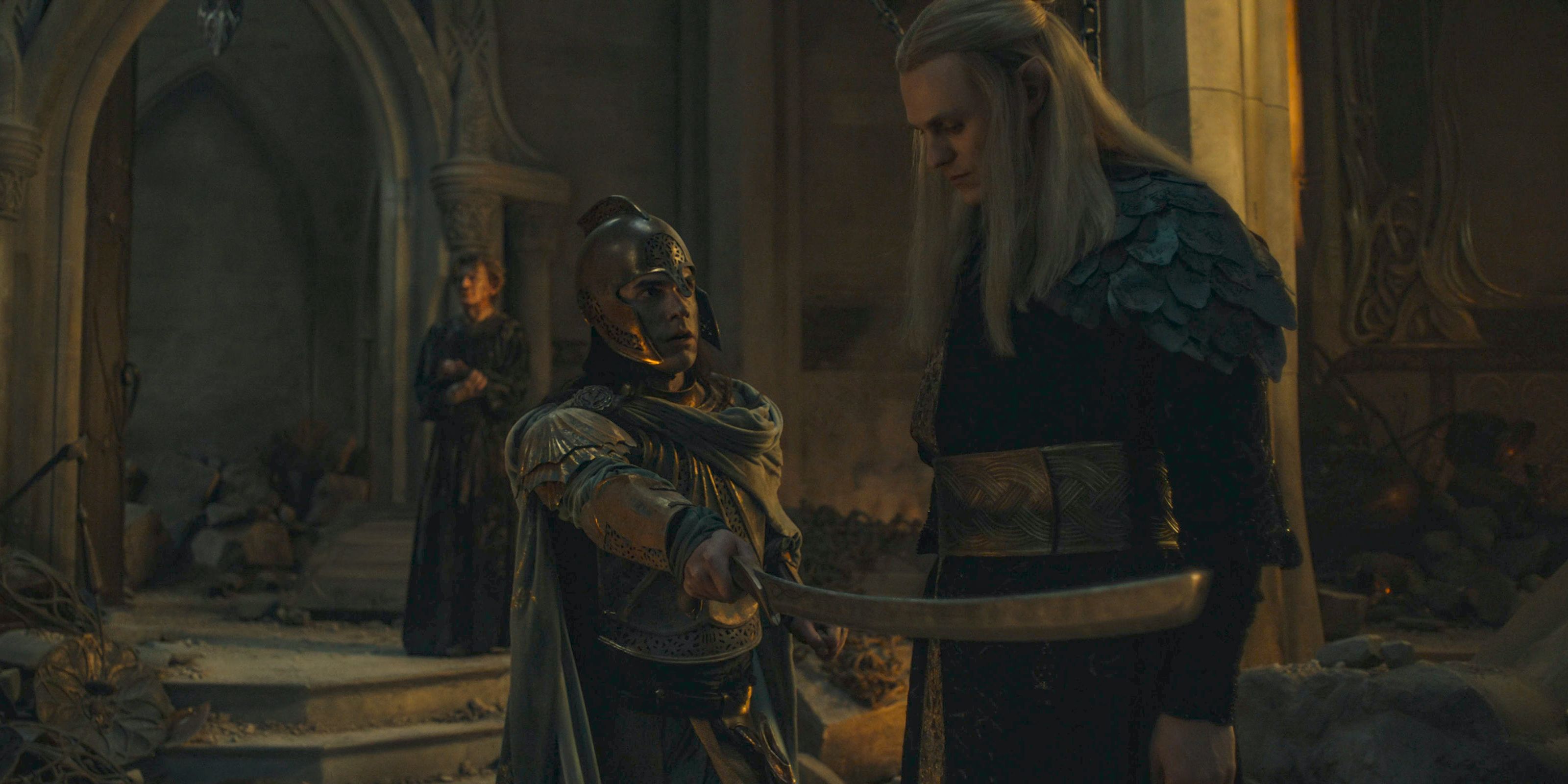 A guard of Eregion attempts to attack Sauron (Charlie Vickers) in The Lord of the Rings: The Rings of Power Season 2 Episode 7