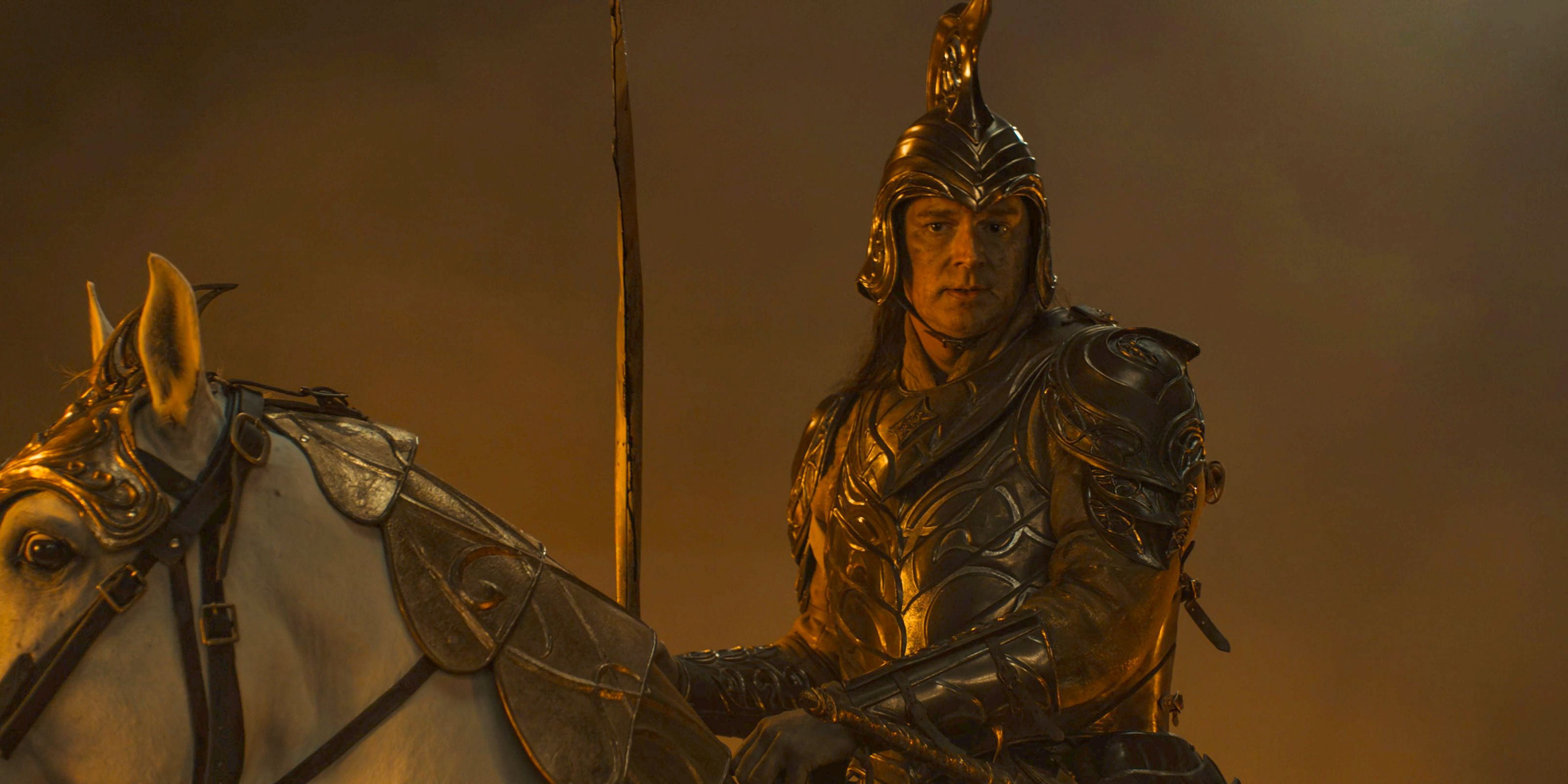 High King (Benjamin Walker) arrives at the battlefield in Eregion in The Lord of the Rings: The Rings of Power Season 2 Episode 7