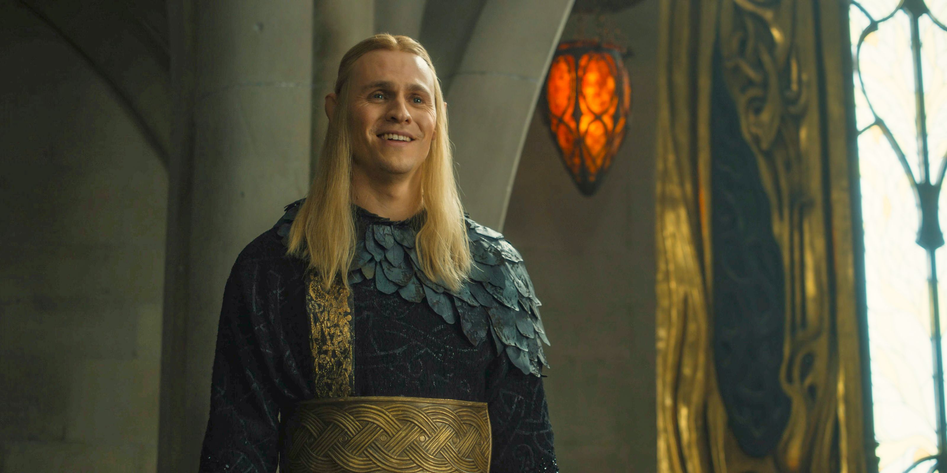 Sauron (Charlie Vickers) smiling in The Lord of the Rings: The Rings of Power.