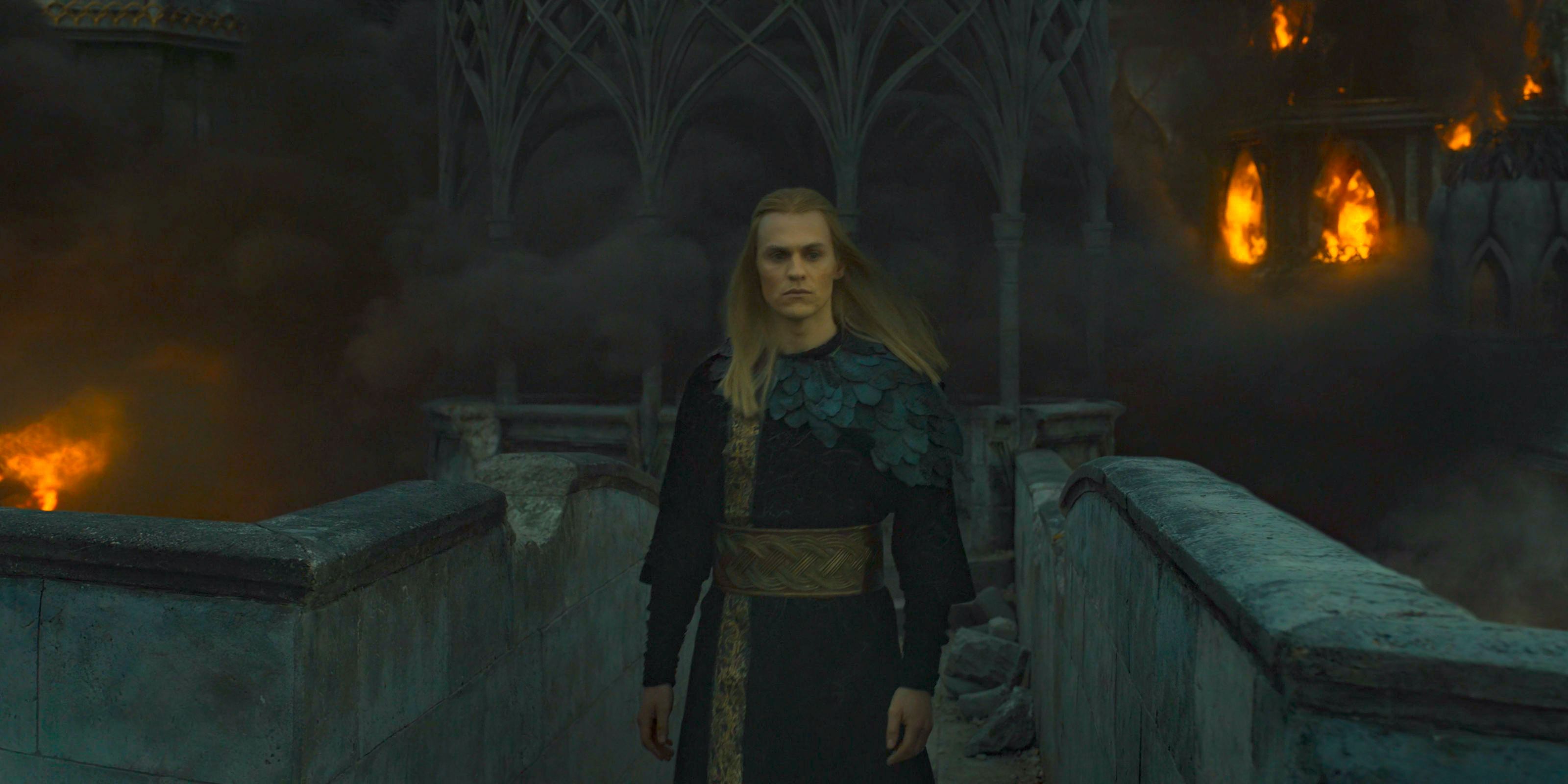 Sauron (Charlie Vickers) with Eregion being destroyed in the background in The Lord of the Rings: The Rings of Power Season 2 Episode 7