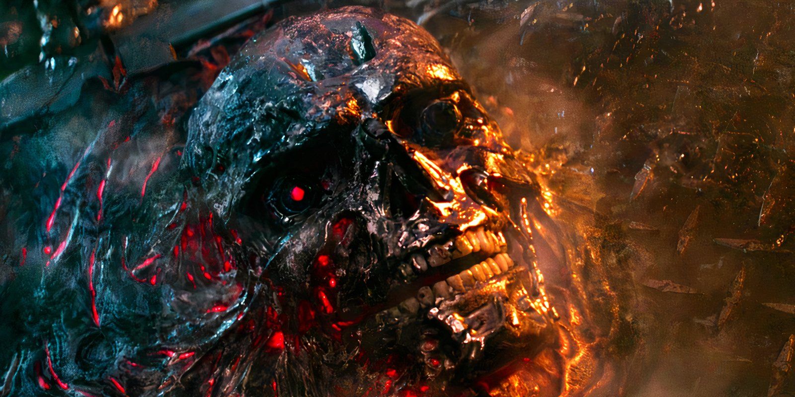 The melted face of the T-800 at the end of Terminator Dark Fate