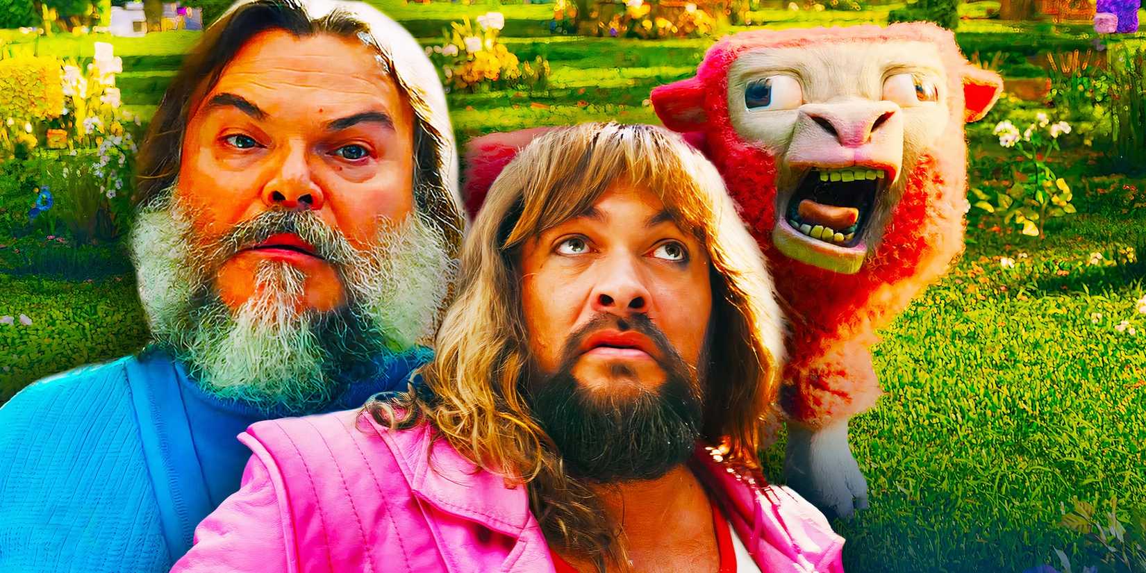 Jack Black and Jason Momoa and a sheep in A Minecraft Movie