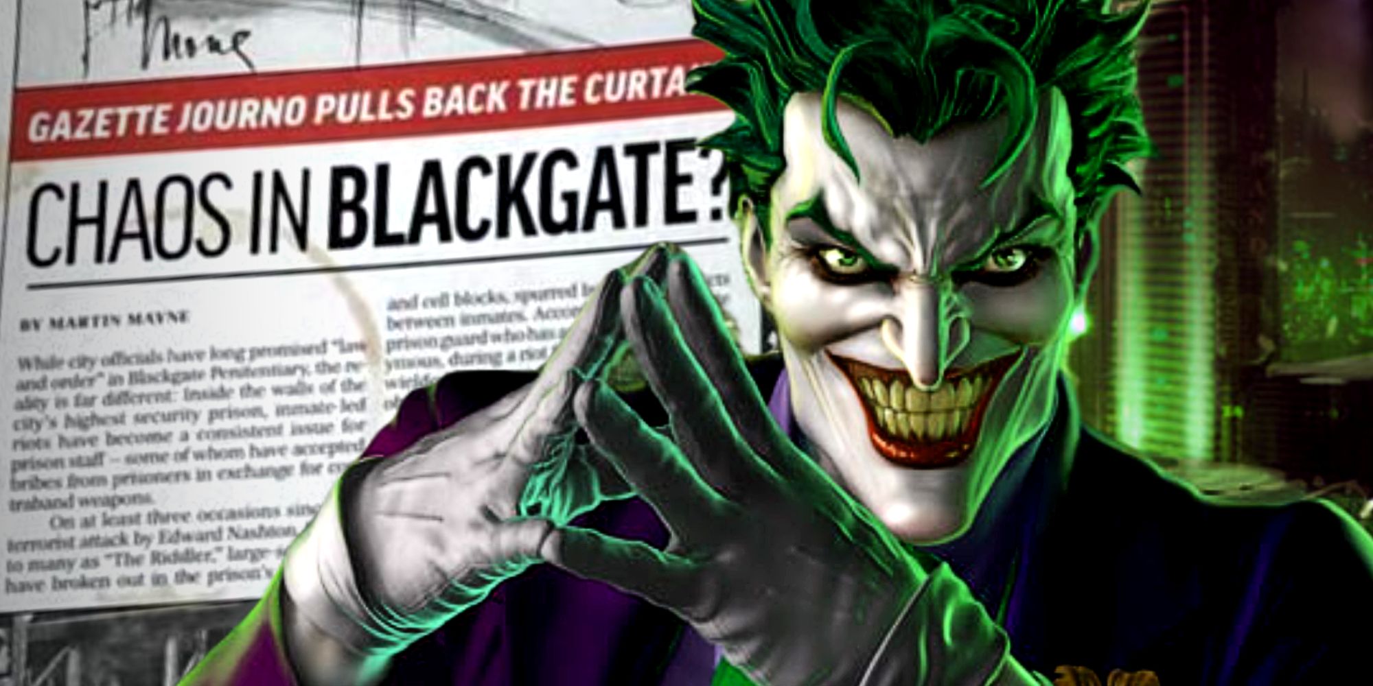 O jornal do Pinguim com o Coringa rindo na frente de Gotham City