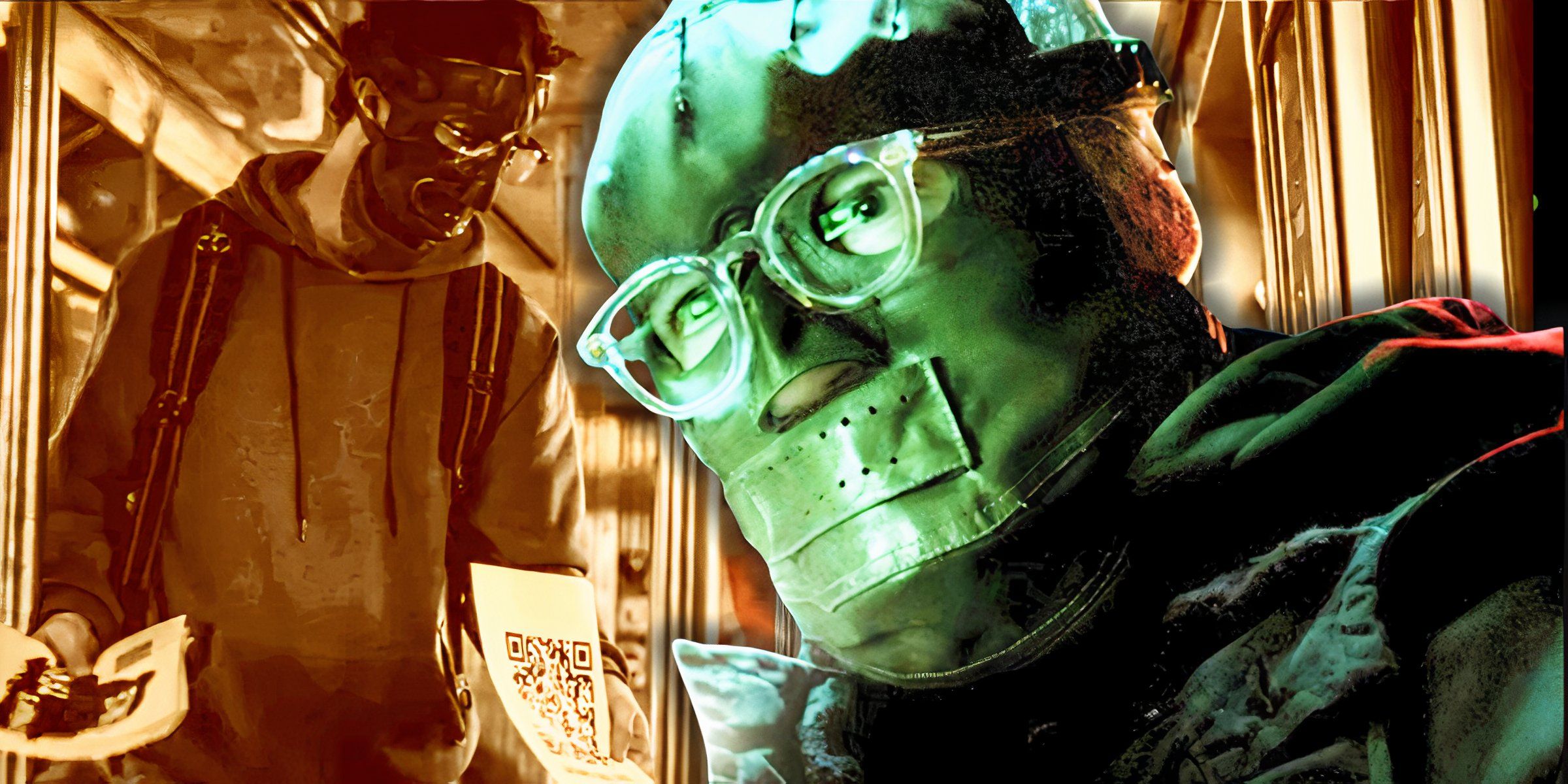 The Riddler's follower shows Oz a QR Code with The Riddler in the foreground