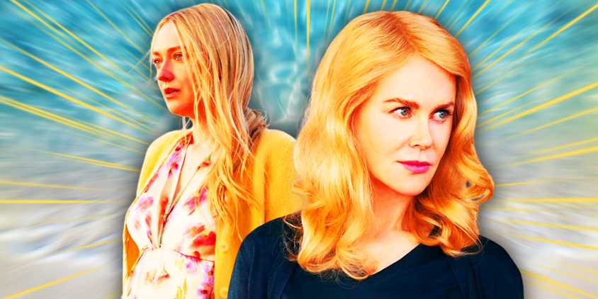 Dakota Fanning as Abby Winbury in The Perfect Couple to the left and Nicole Kidman as Greer Garrison Winbury in The Perfect Couple to the right in a combined image in front of a vibrant blue background