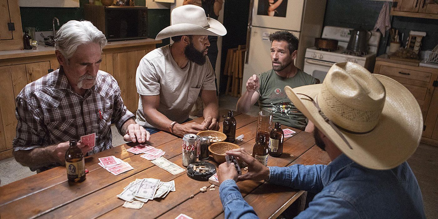 The ranch hands playing cars in the bunkhouse in Yellowstone.