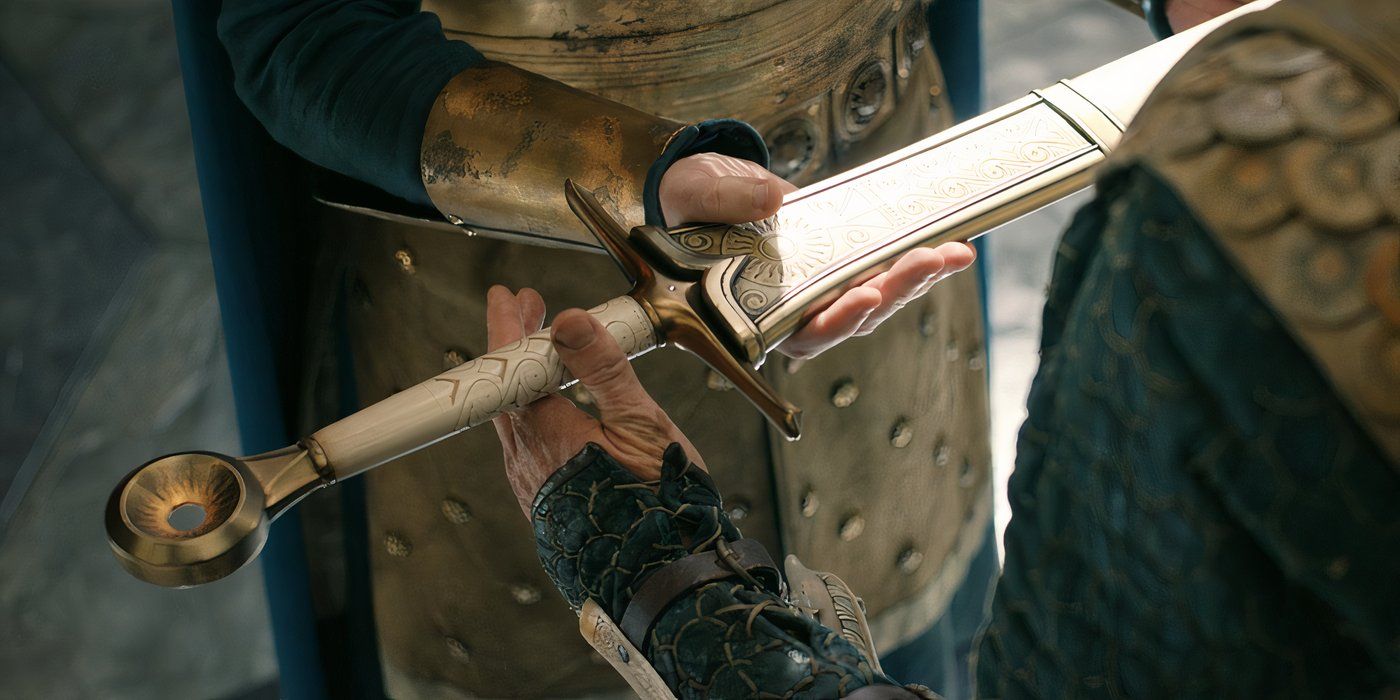 Elendil being handed his captain's sword in The Rings of Power season 1 (2022)