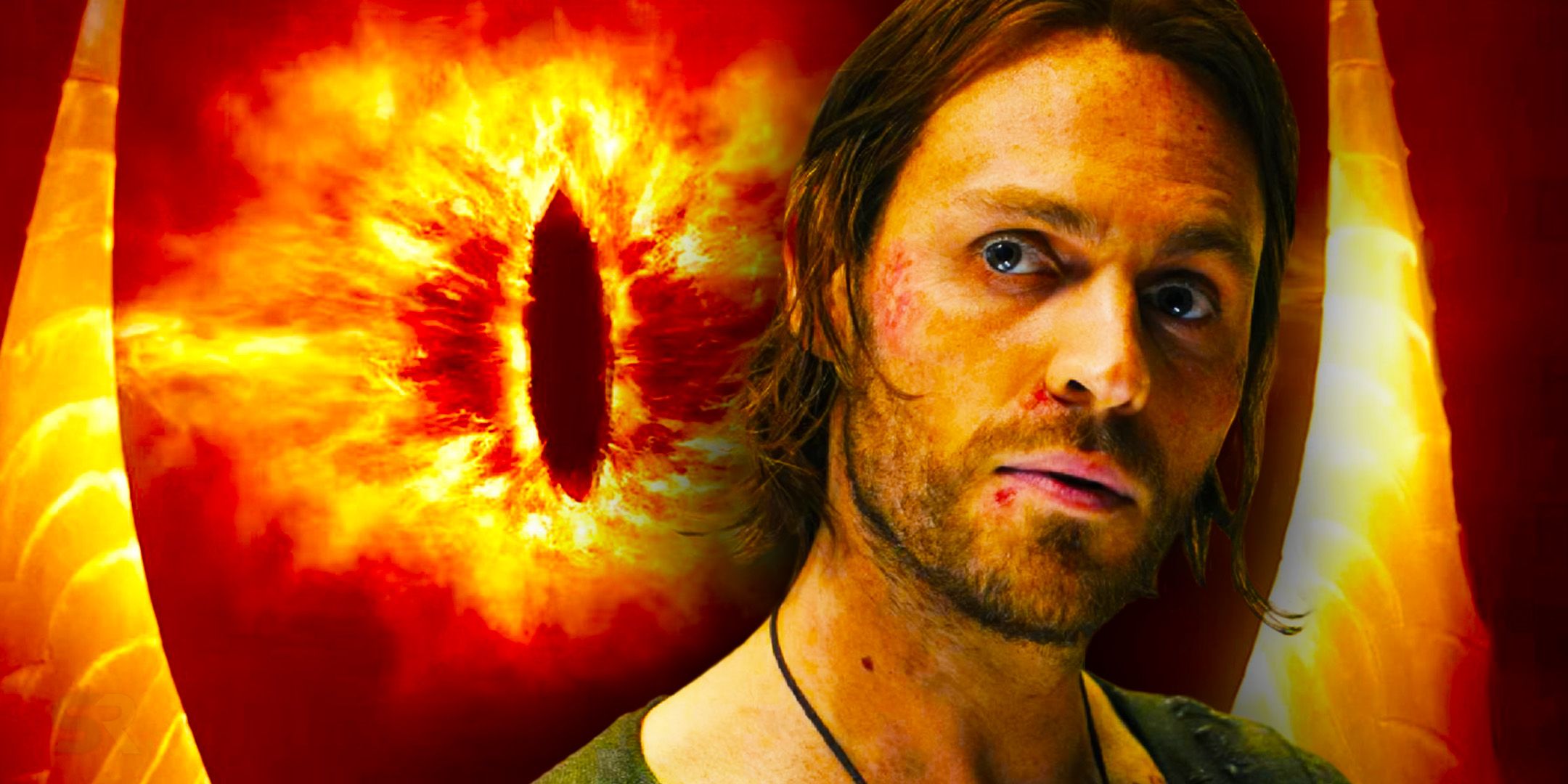 Charlie Vickers as Halbrand/Sauron in The Rings of Power season 1 and the Eye of Sauron from The Lord of the Rings