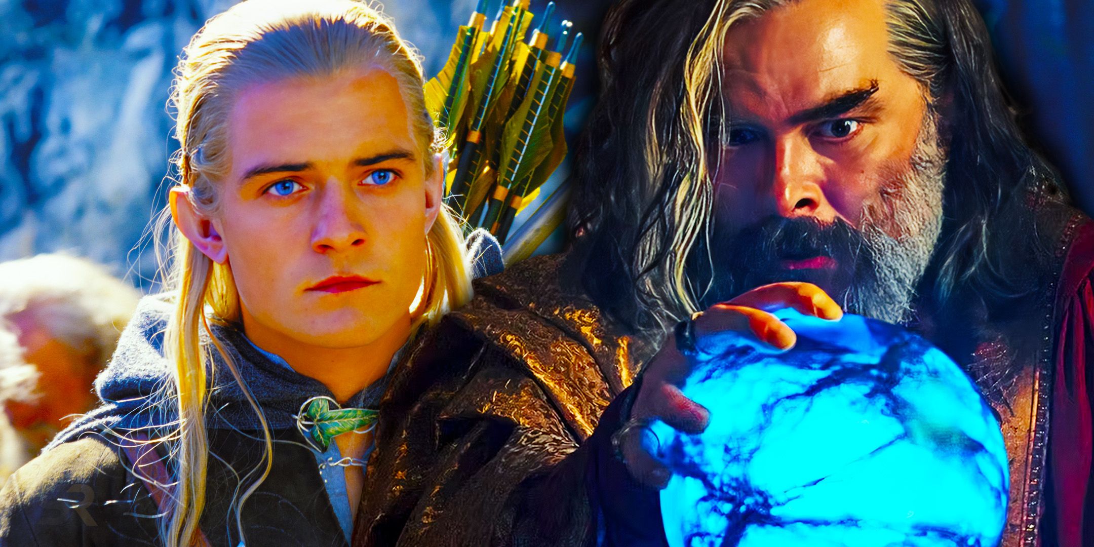 Orlando Bloom as Legolas in The Two Towers and Trystan Gravelle as Ar-Pharazon touching the palantir in The Rings of Power