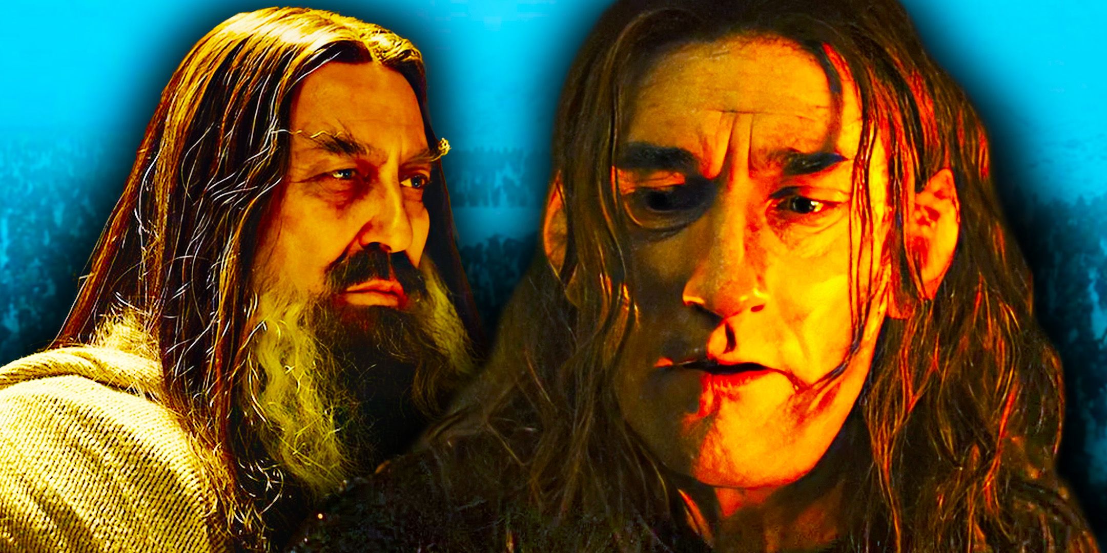 Ciarán Hinds as a dark wizard in The Rings of Power and Joseph Mawle as Adar