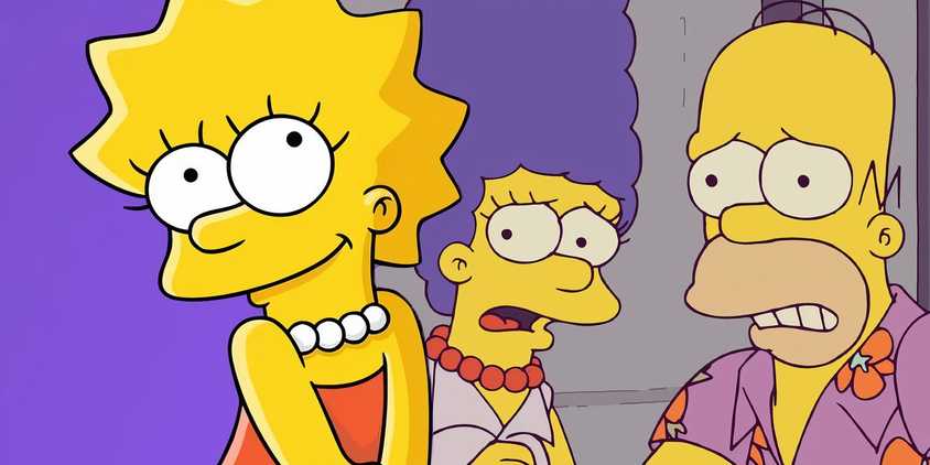 A composite image of Lisa smiling innocently in front of Marge and Homer cringing in fear from The Simpsons
