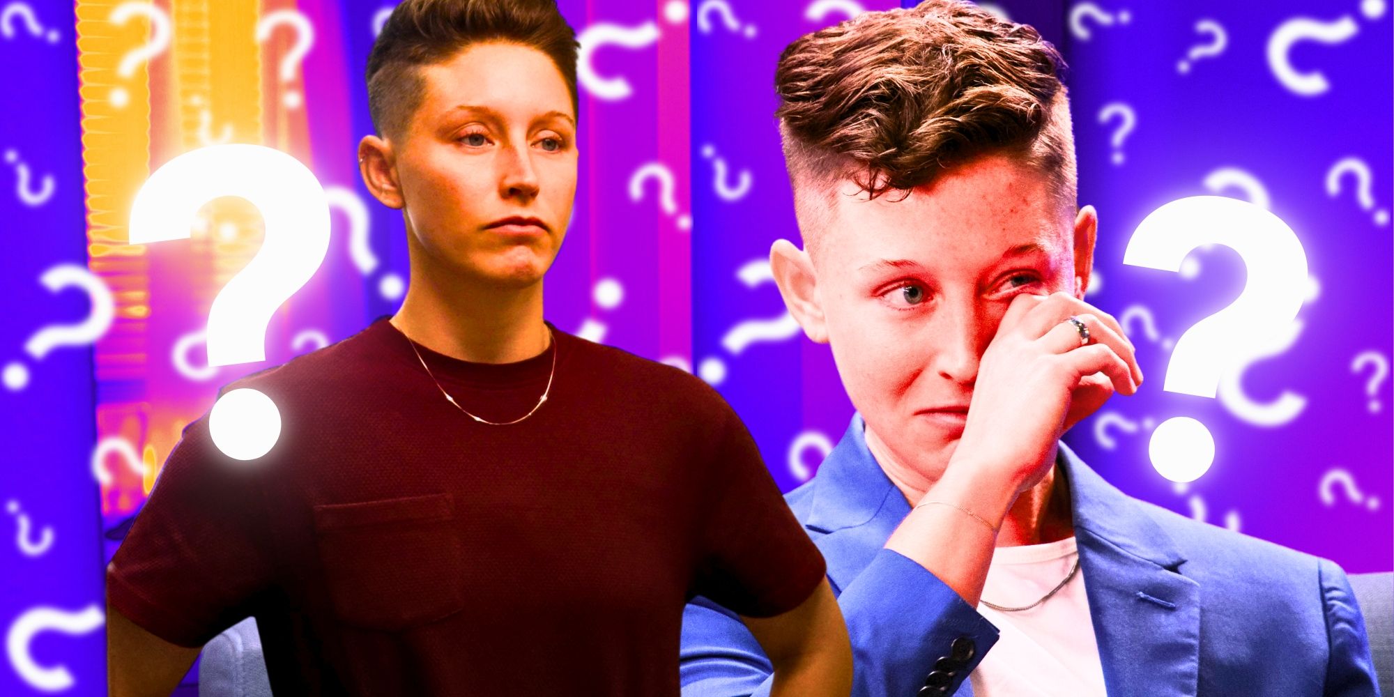The Ultimatum Queer Love Xander Boger in side by side images from the show with question mark background