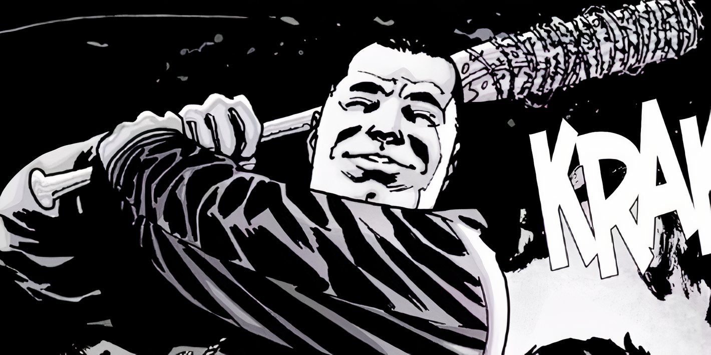 The Walking Dead, Negan, met 'n ontstellend rustige glimlag op sy gesig, stamp Glenn se kop in met Lucille