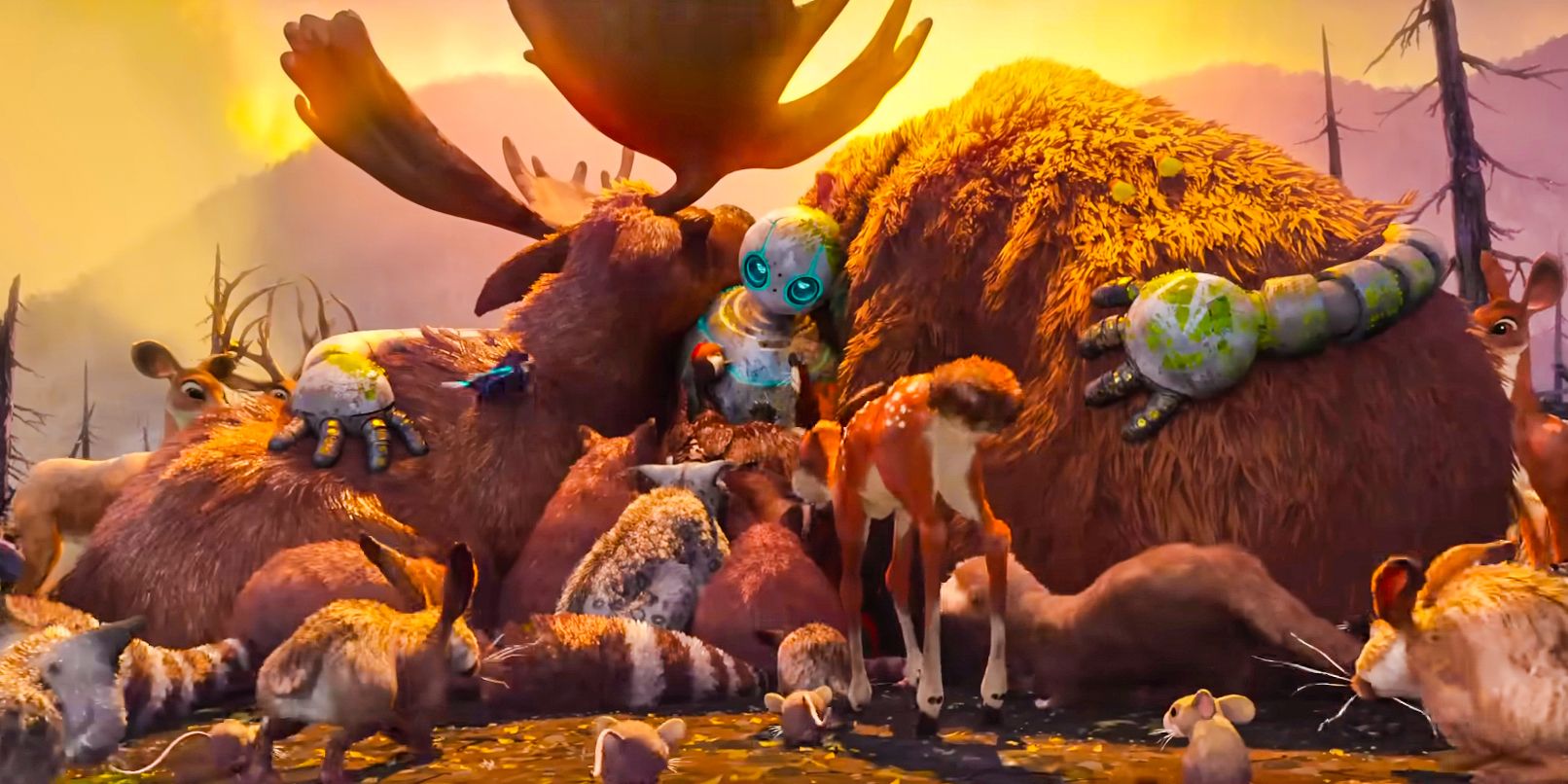 All the animals of the forest hugging Roz in The Wild Robot