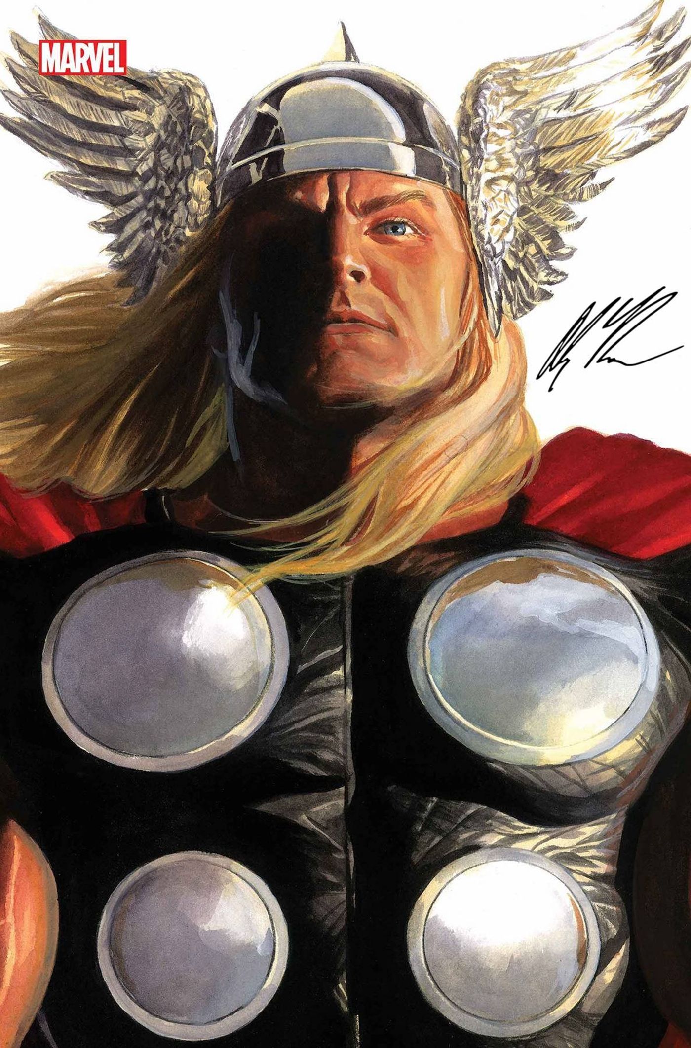 Alex Ross Thor, um close fotorrealista do personagem em seu traje clássico.