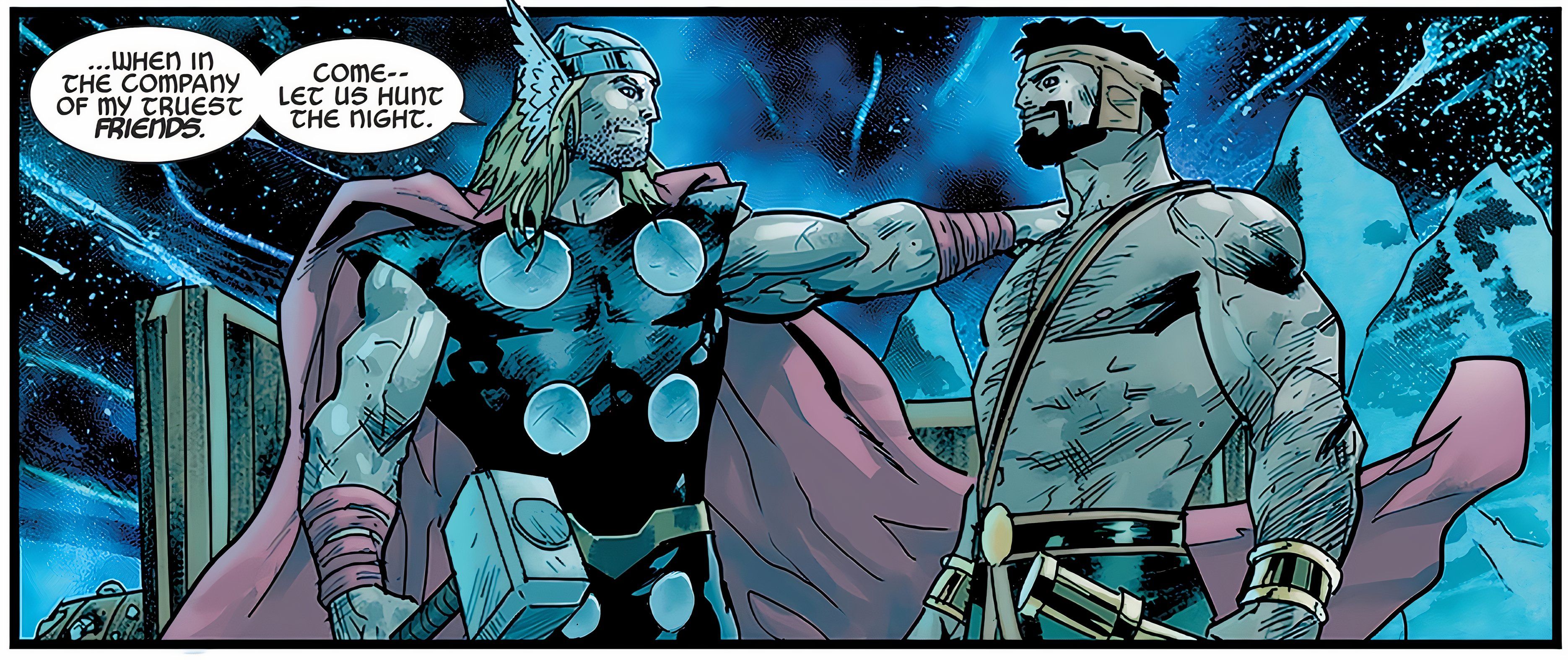 Thor com a mão no ombro de Hércules, dizendo que ele é um de seus "amigos mais verdadeiros."