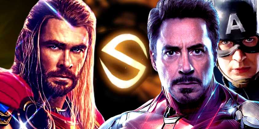 Thor, Iron Man, and Captain America standing around Sentry's belt symbol