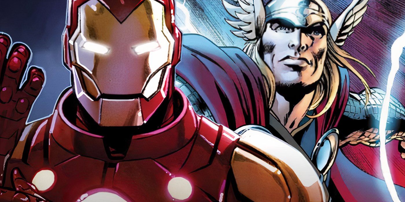 Marvel Comics' Iron Man with Thor behind him.