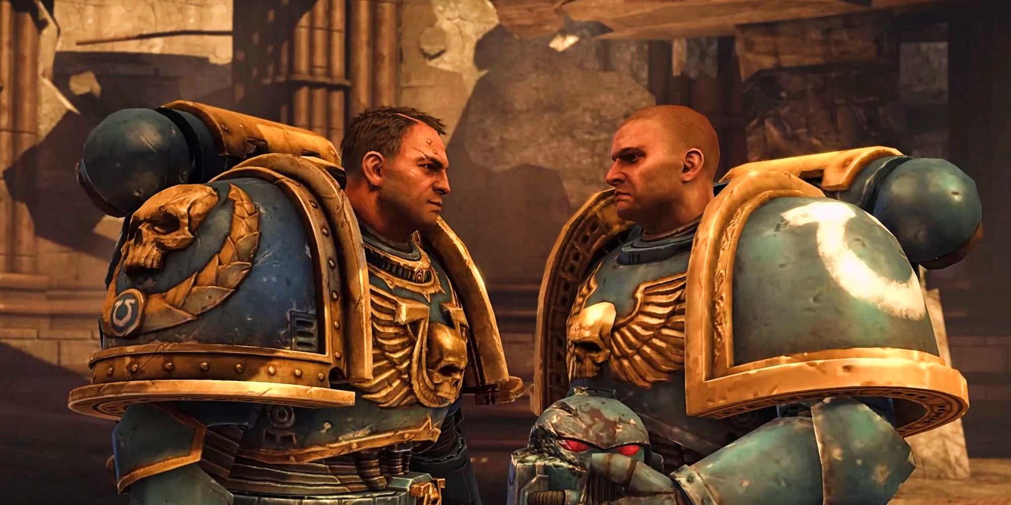 Titus and Leandros stand face-to-face in their power armor, helmets off, in a screenshot from the original Space Marine.