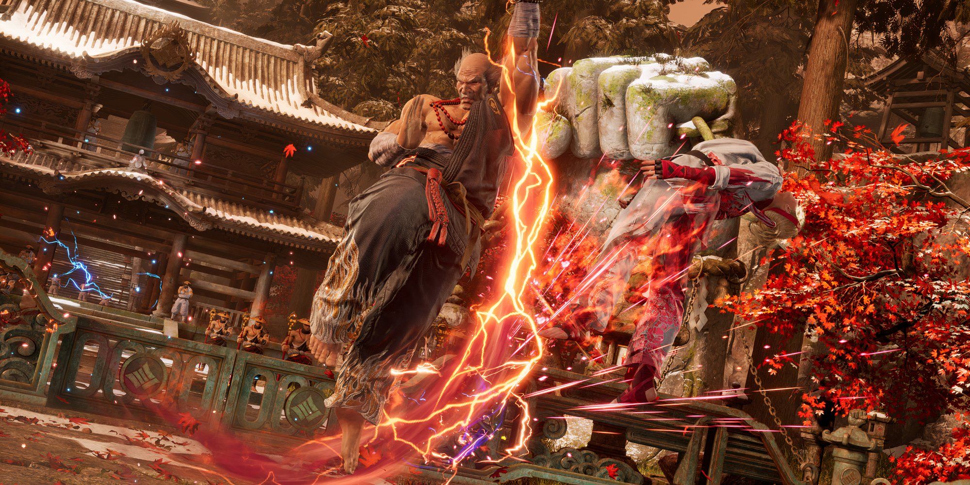 Der Screenshot von Tekken 8 zeigt, wie Heihachi einen fliegenden Uppercut gegen Lidia aus dem Story-Modus des DLCs „Unforgotten Echos“ einsetzt.