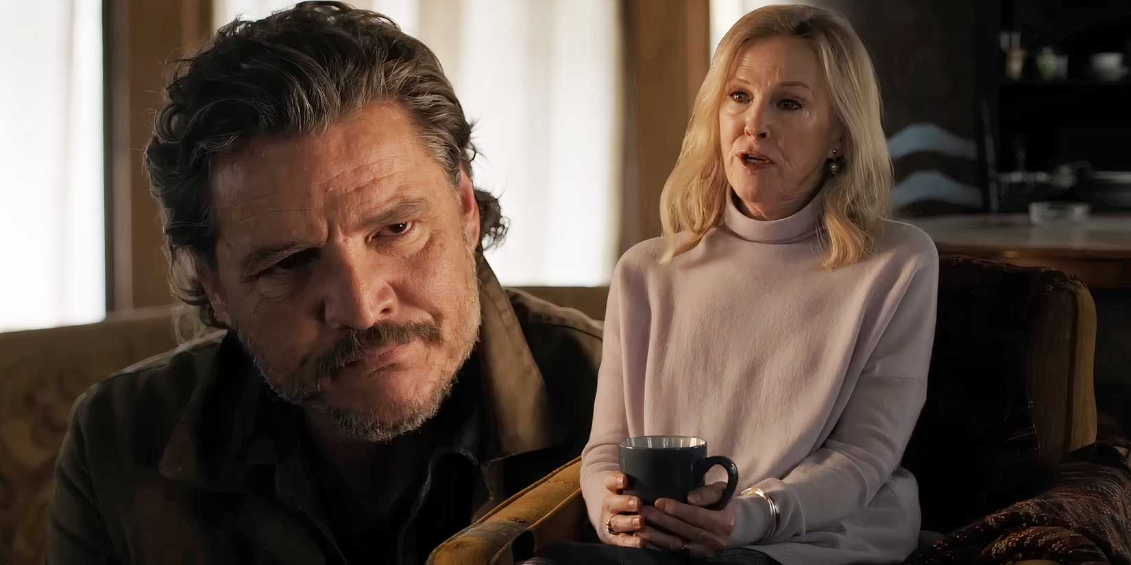 Joel (Pedro Pascal) and the therapist (Catherine O'Hara) in the trailer for The Last of Us season 2