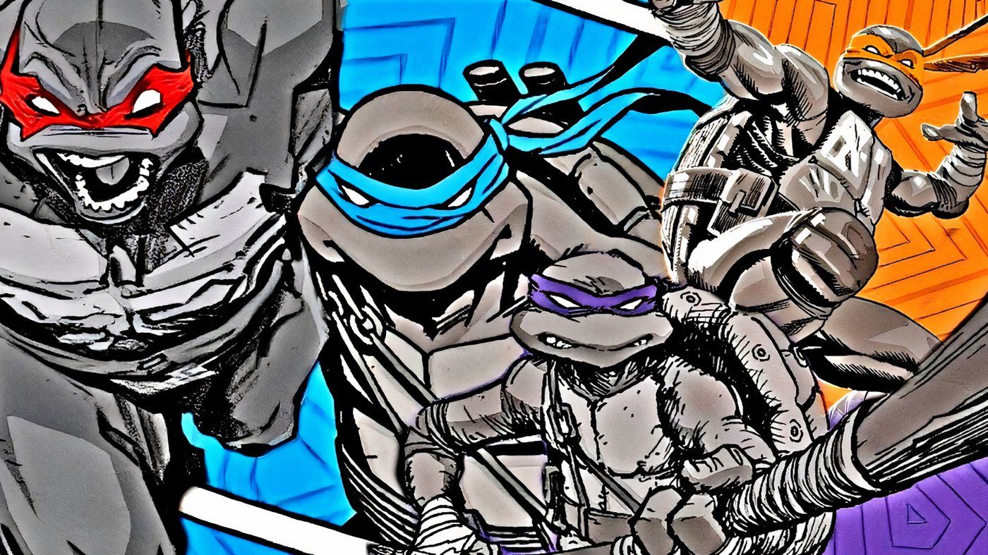 Leonardo, Raphael, Donatello e Michelangelo da TMNT fazem uma pose juntos.