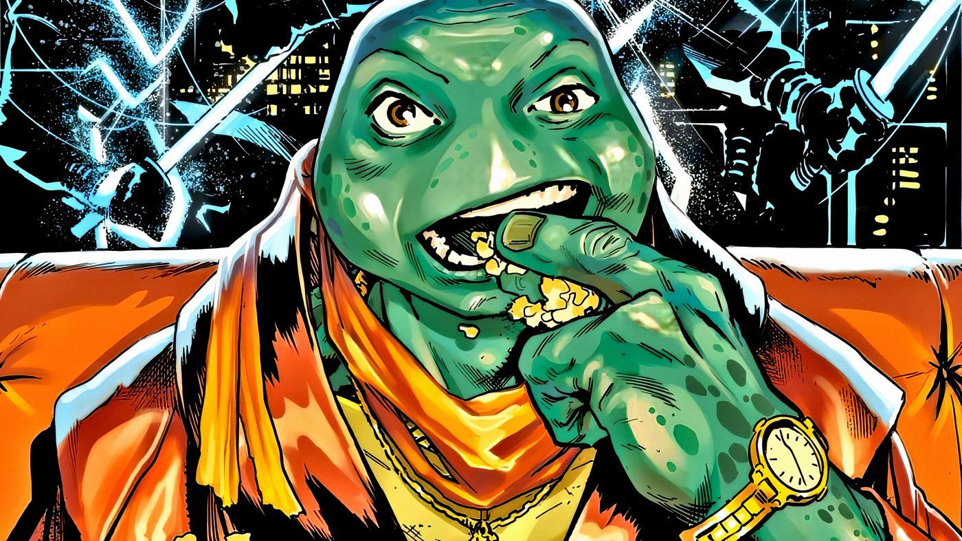 TMNT&rsquo;s Michelangelo sitting on a couch, eating popcorn.