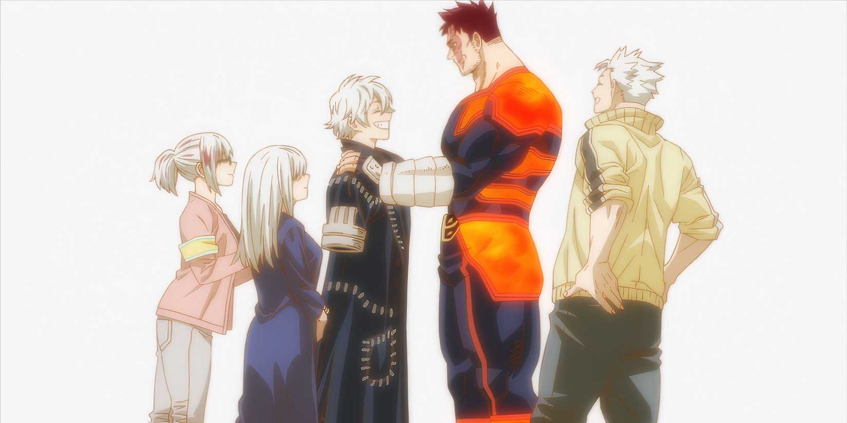 Toya Stands at the Center of his family, with his sister, mother, and brother Natsuo surrounding him and Endeavor stands in front of him, hands on his shoulder as Toya smiles