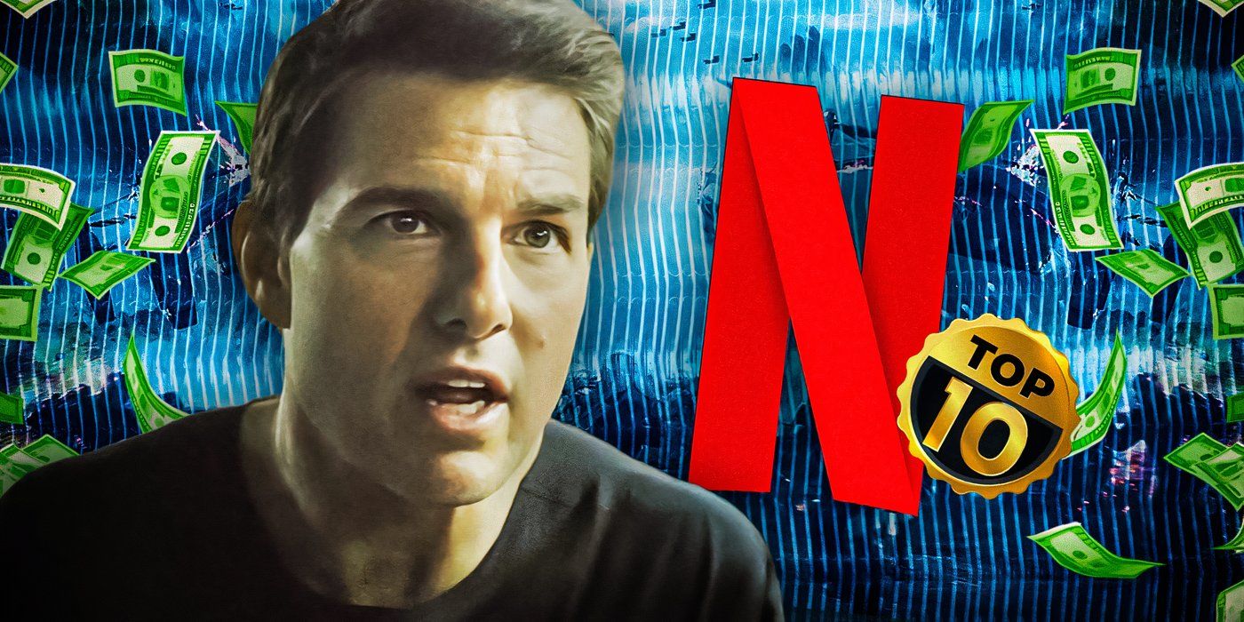 Tom Cruise talking atop a background of the Netflix logo, a top 10 badge, and falling dollar bills